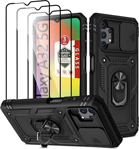 Funda para Galaxy A32 5G, para Galaxy A32 con 3 protectores de pantalla de vidrio templado con soporte integrado + cubierta de cámara, carcasa