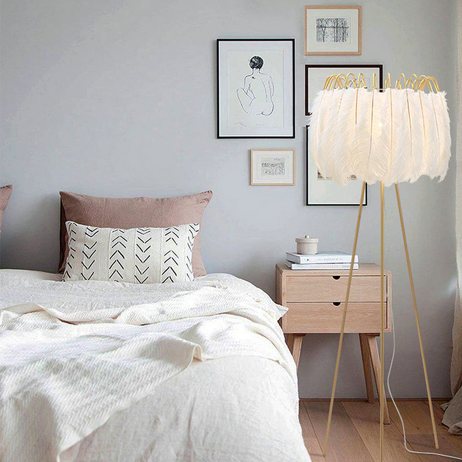 Stylish Tripod Floor Lamp for Reading – Tall Feather Lighting for Living Room Bedroom Office Decor Modern Home Accent Adjustable Height Warm White Light