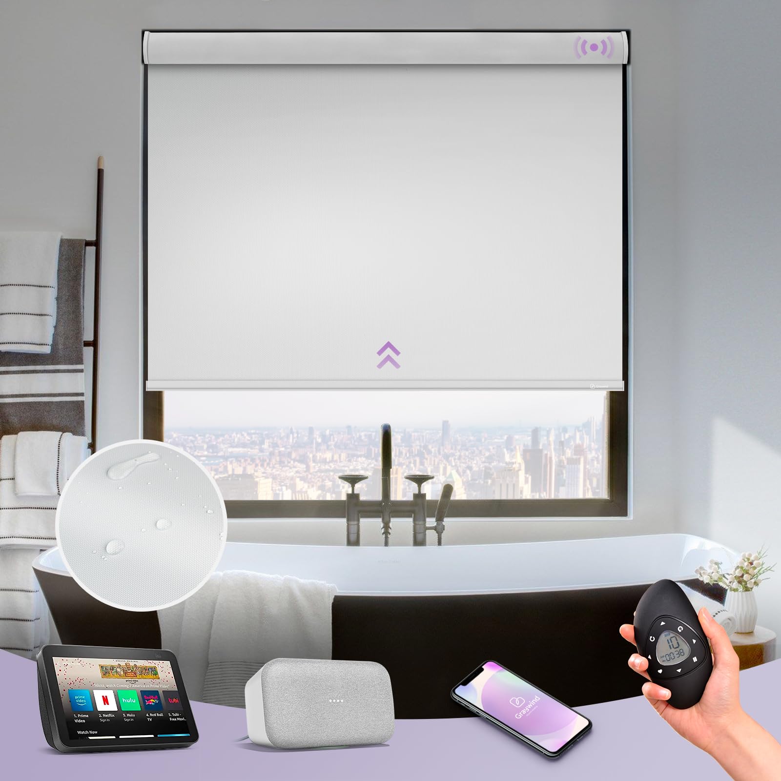 GraywindMotorized Roller Shade Blinds 100% Blackout Shades Cordless Waterproof Remote Control Window Automated Blinds with Valance Custom Size for Smart Home and Office, White