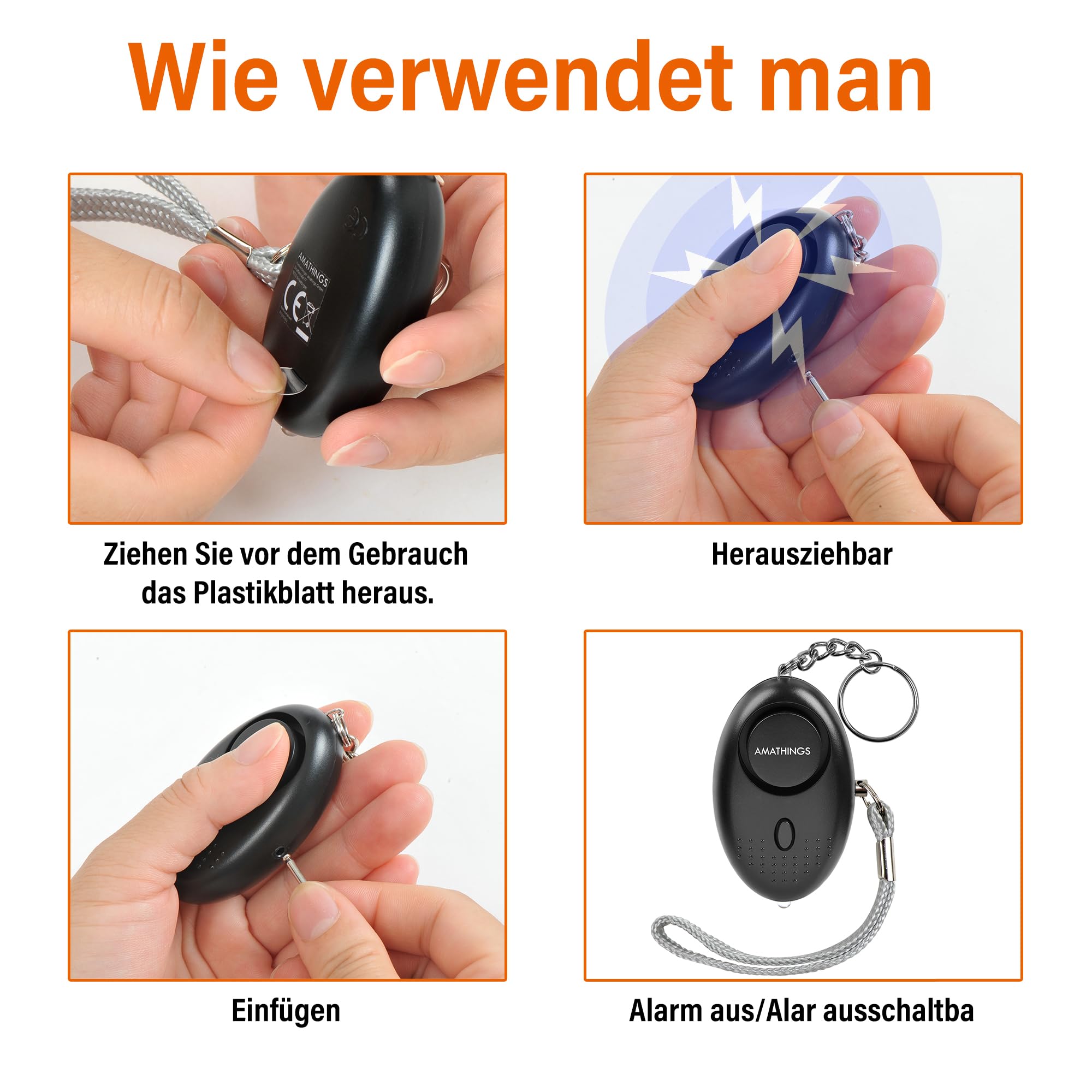 AMATHINGS Zestaw bezpieczeństwa 2w1: 130 dB alarm kieszonkowy i ergonomiczny Kubotan – kompleksowa ochrona dla kobiet i seniorów – Dyskretny zestaw do samoobrony do torebki i breloczka – Czarny