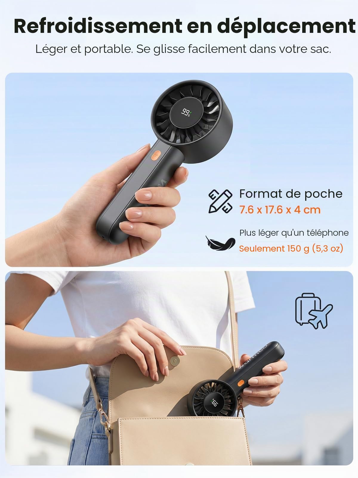 Warmco Ventilateur turbo portable 5000 mAh (jusqu'à 15 h d'autonomie), mini ventilateur personnel à 4 vitesses avec base et cordon, écran LED intelligent, rechargeable par USB, format de poche pour