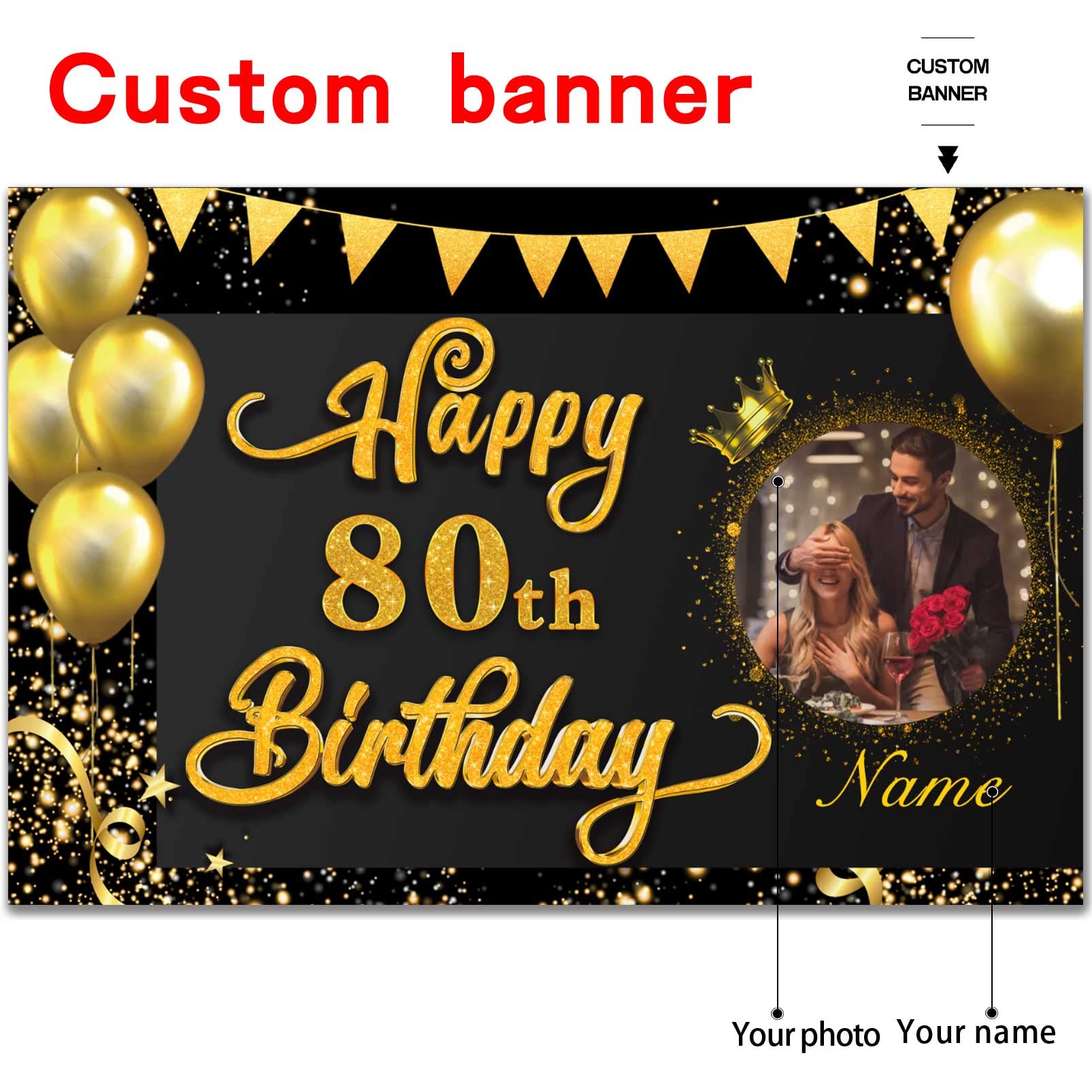 Custom Happy 80th Birthday Decorations Banner -80 Years Old Birthday Decorations Backdrop for Women Men Boys Girls - Personalization Happy 80th Birthday Party Decorations Supplies - Black and Gold