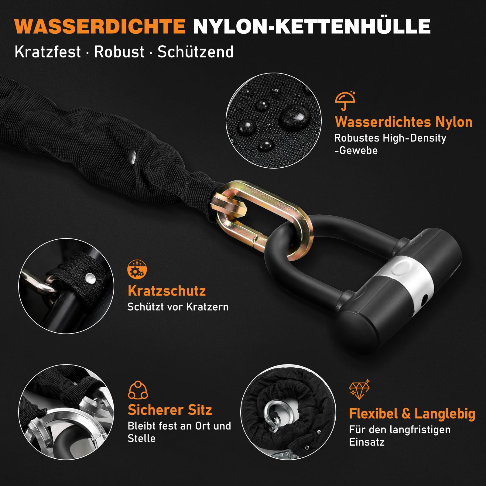 Motorrad Kettenschloss 12 mm, Gehärtete Sicherheitskette mit Bügelschloss und 4 Schlüsseln, Diebstahlschutz für Motorrad, E-Bike, Roller und Fahrrad, 150 cm – Silber