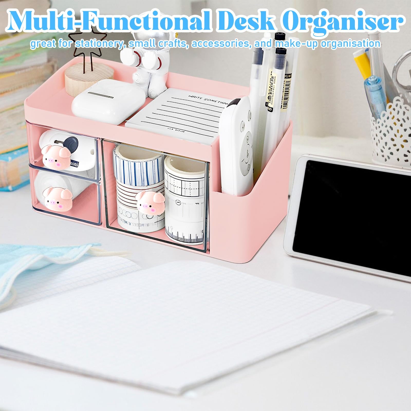 Marte Vanci Desk Organiser with 3 Drawers, Cute Desktop Tidy Stationery Organiser with Pen Holder - Image 4