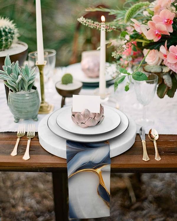 Navy Blue Gold Dinner Napkins Cloth Set of 6, Premium Polyester Napkins 20 x 20 Inch, Marble Modern Art Abstract Gradient Gray Washable and Reusable Table Napkins for Wedding Cocktail Hotel by AMZRicher - Used condition - Image 4