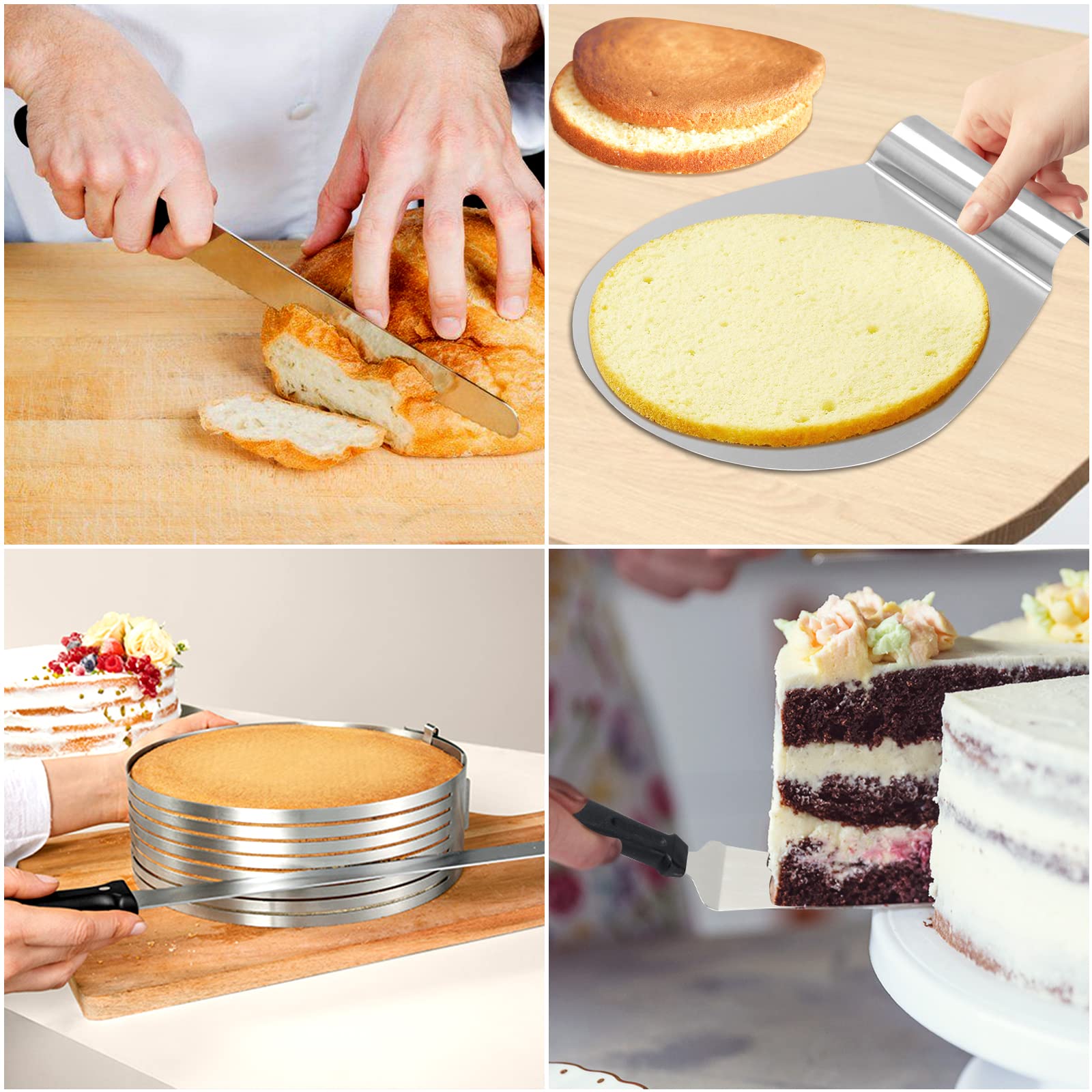 Lot de 4 emporte-pièces pour gâteau - Diamètre : 23-30 cm - Cercle à gâteau - 8 étages - Couteau à tarte - Accessoire en acier inoxydable