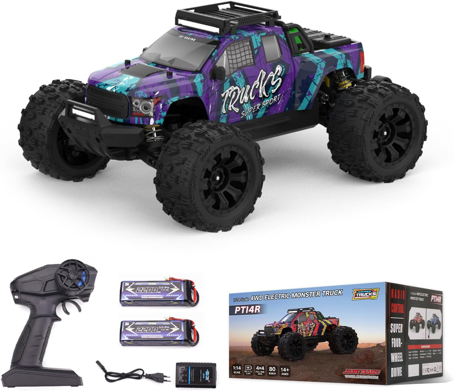 1:14 RC Car 3S 80km/h, with 2.4 GHz Remote Control and Two Rechargeable Batteries, 4X4 Waterproof RC Cars, with Luggage Rack and roof spotlights for Adults and Teen Boy Gifts (PT14R Purple)