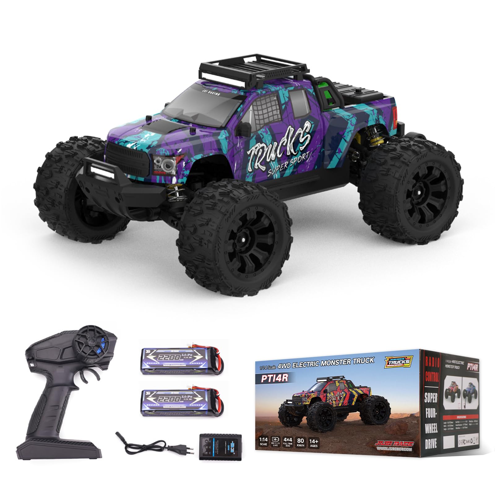 1:14 RC Car 3S 80km/h, with 2.4 GHz Remote Control and Two Rechargeable Batteries, 4X4 Waterproof RC Cars, with Luggage Rack and roof spotlights for Adults and Teen Boy Gifts (PT14R Purple)