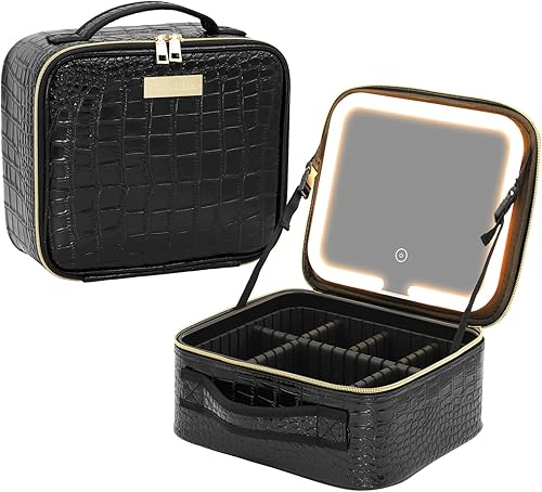 Tense Edano Crocodile PU Leather Cosmetics Train Case with Removeable LED Lighted Mirror Rechargeable 3 Color Lights Adjustable Brightness Portable