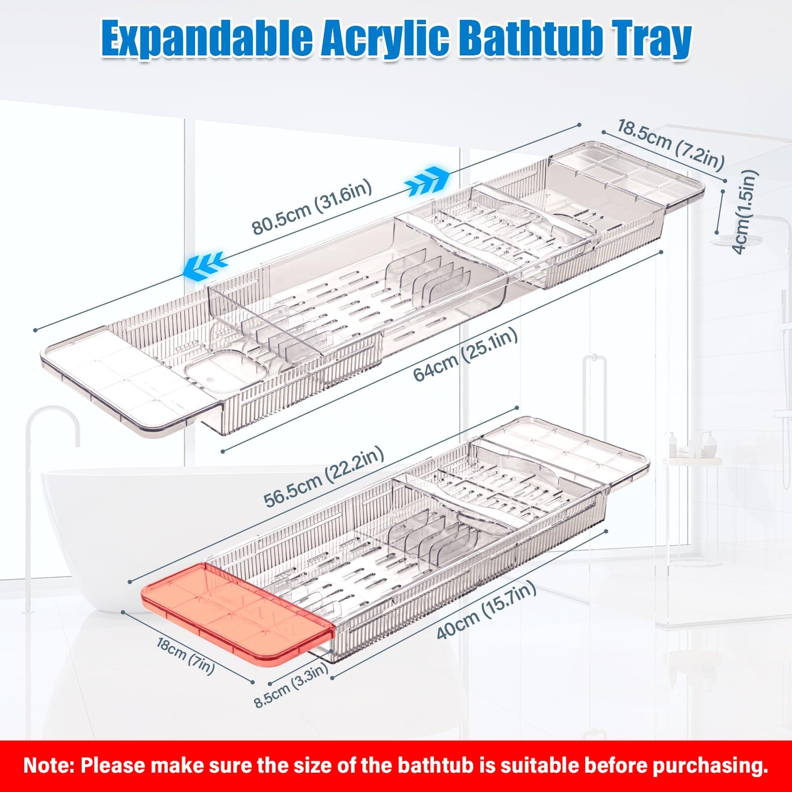 Bandeja para Bañera de Acrílico, Bandejas Bañera Jacuzzi para Bañera para Una Bandeja de Baño Retráctil para Bañera, Accesorio de Baño para Copas de Vino, Libros, Tabletas, iPad y Teléfono