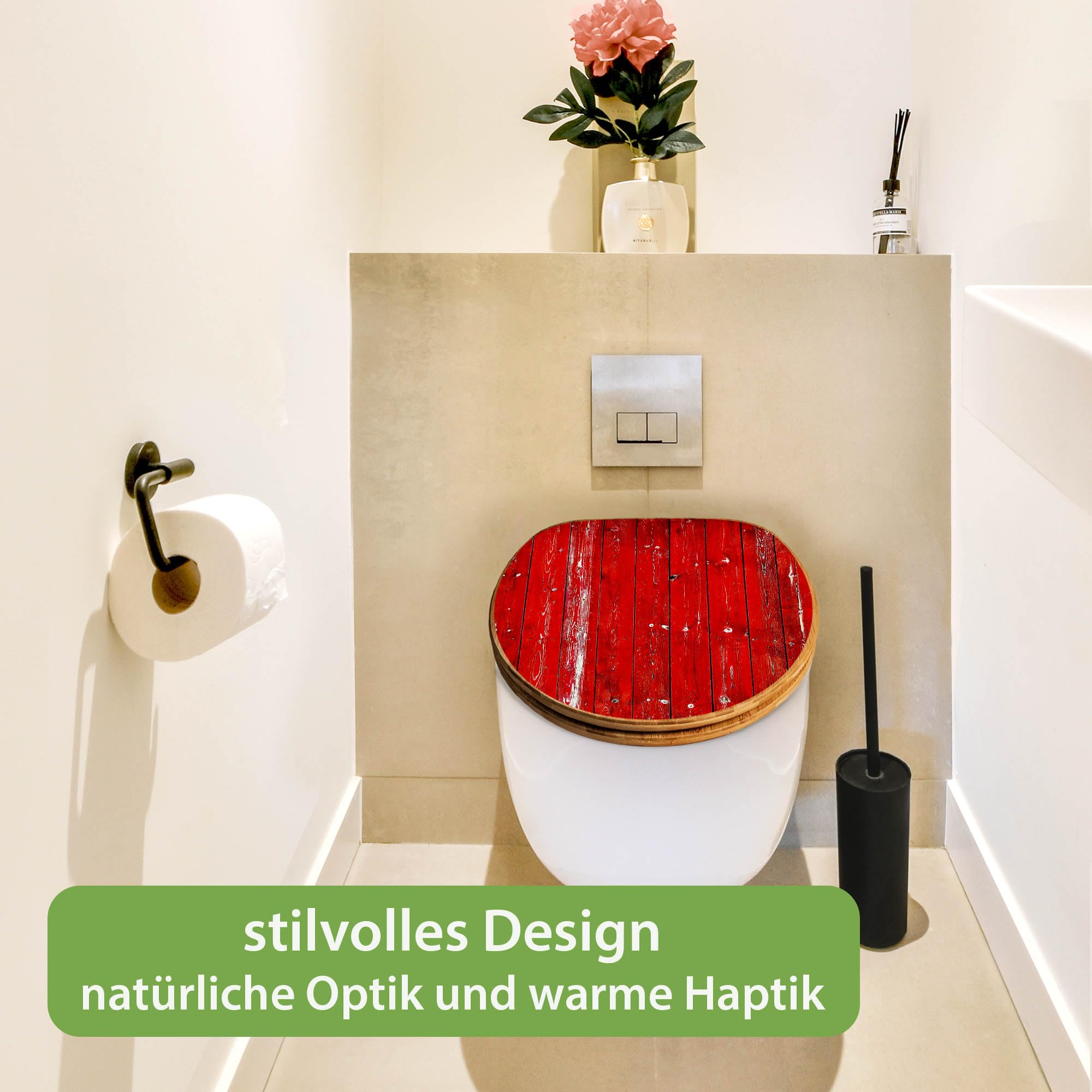 banjado Design WC Sitz Bambus Absenkautomatik 45,8x37,5cm - Toilettendeckel mit Absenkautomatik Holz - hochwertiger Bambus Klodeckel - WC-Sitz für gängigen Toiletten - Motiv Rote Holzlatten