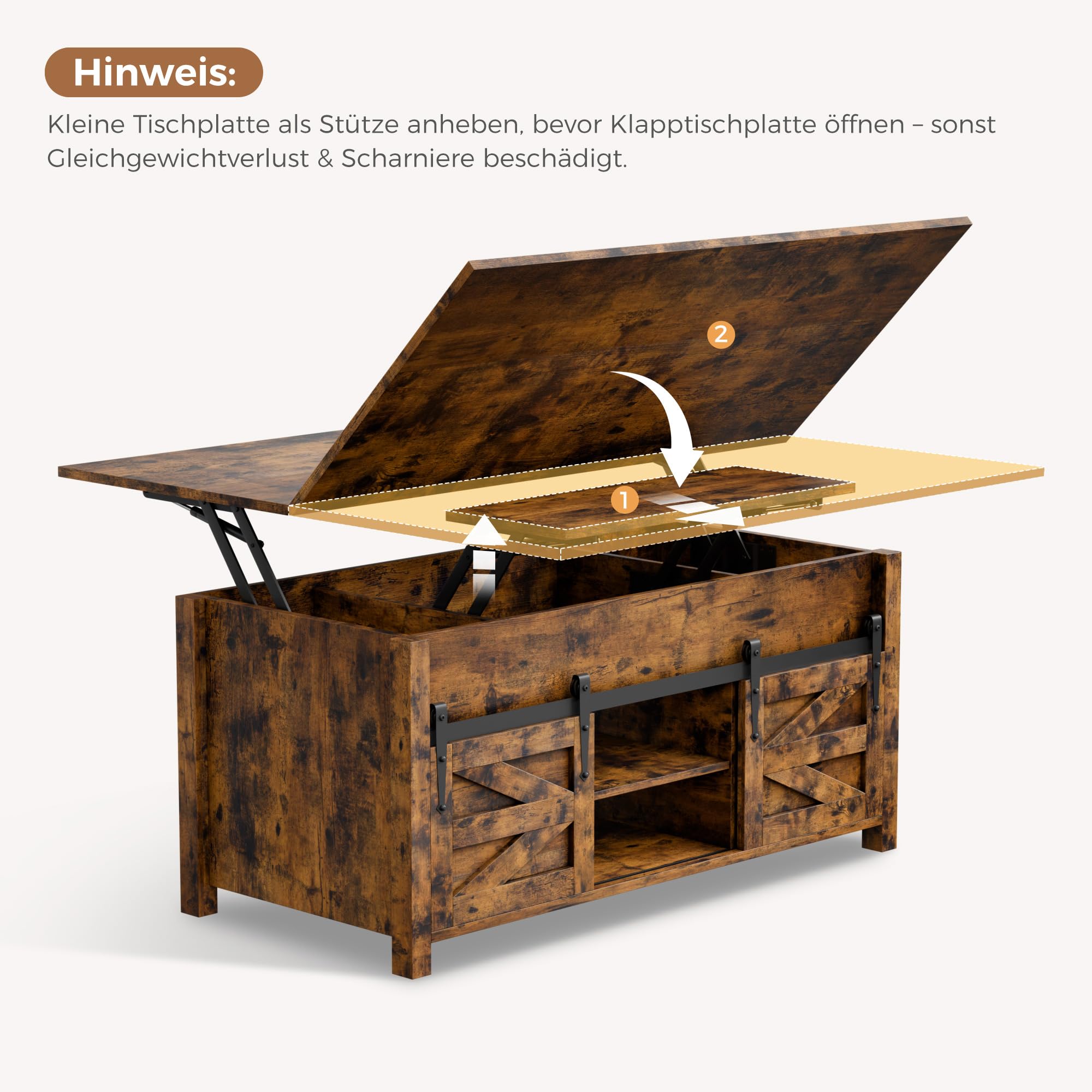 ELUCHANG Couchtisch Höhenverstellbar, 4 in 1 Wohnzimmertisch Umwandelbar in Wohnzimmer-Esstisch, Multifunktions mit Versteckter offenes Fach & Aufbewahrung,für Wohnzimmer/Büro/Esszimmer, Vintagebraun