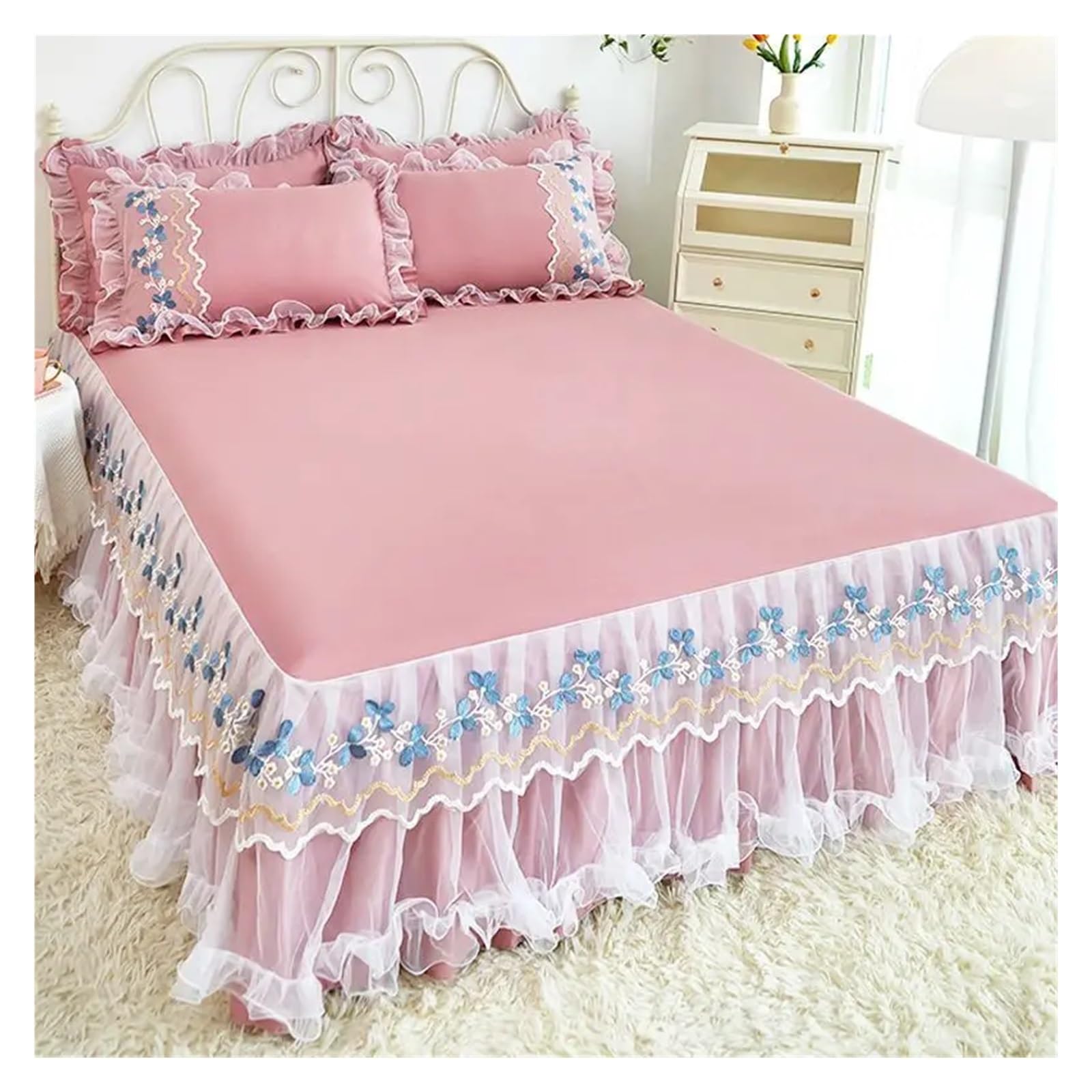 Lace Lotus Leaf Lace Bed Skirts Princess Style Solid Color White Pink Bedspread Bed Cover Sheets(Color-07,180x200cm 3pcs)