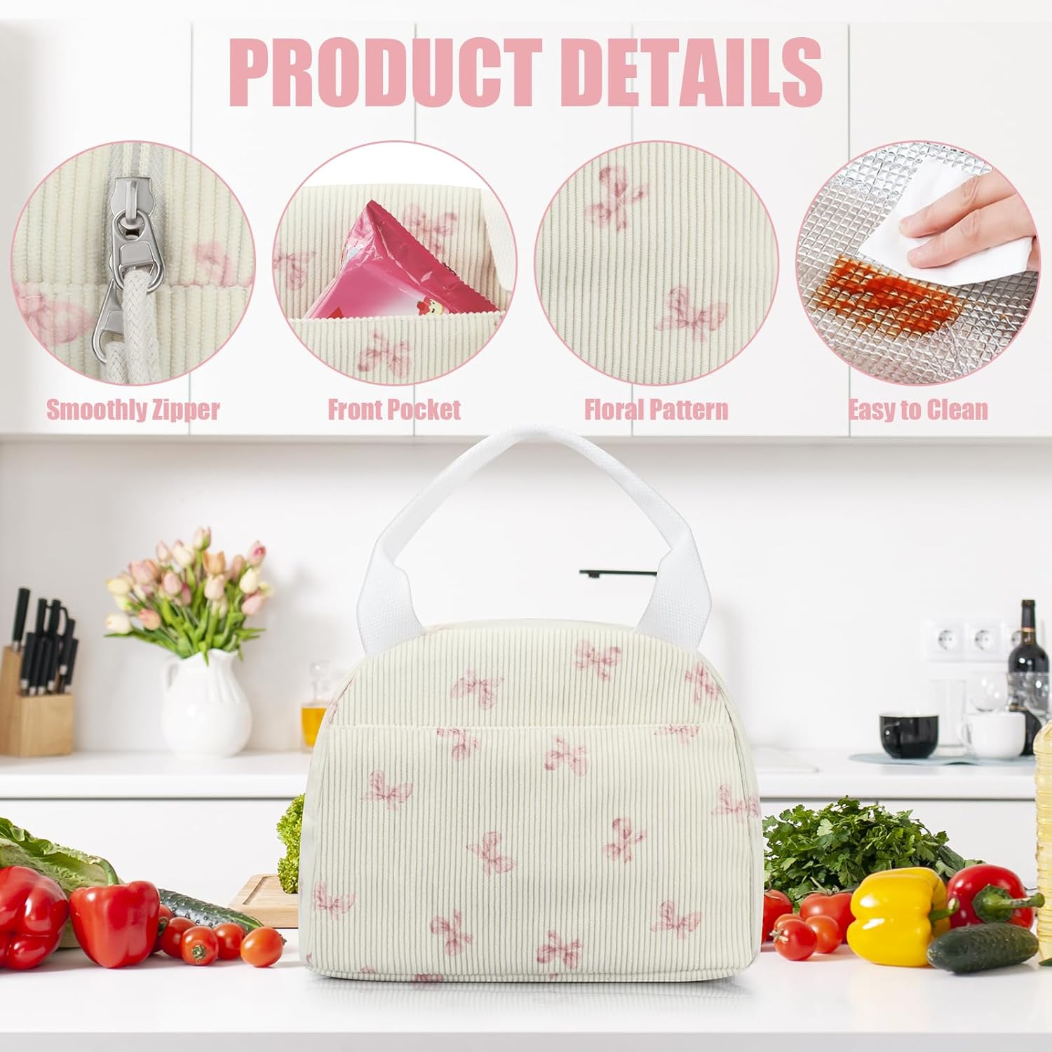 Insulated Lunch Bag Women, Reusable Corduroy Cute Lunch Box, Leakproof Floral Lunch Tote Bag with Large Capacity, Small Cooler Lunch Container for Work Office Travel Picnic (Beige Pink Bow) - Image 4
