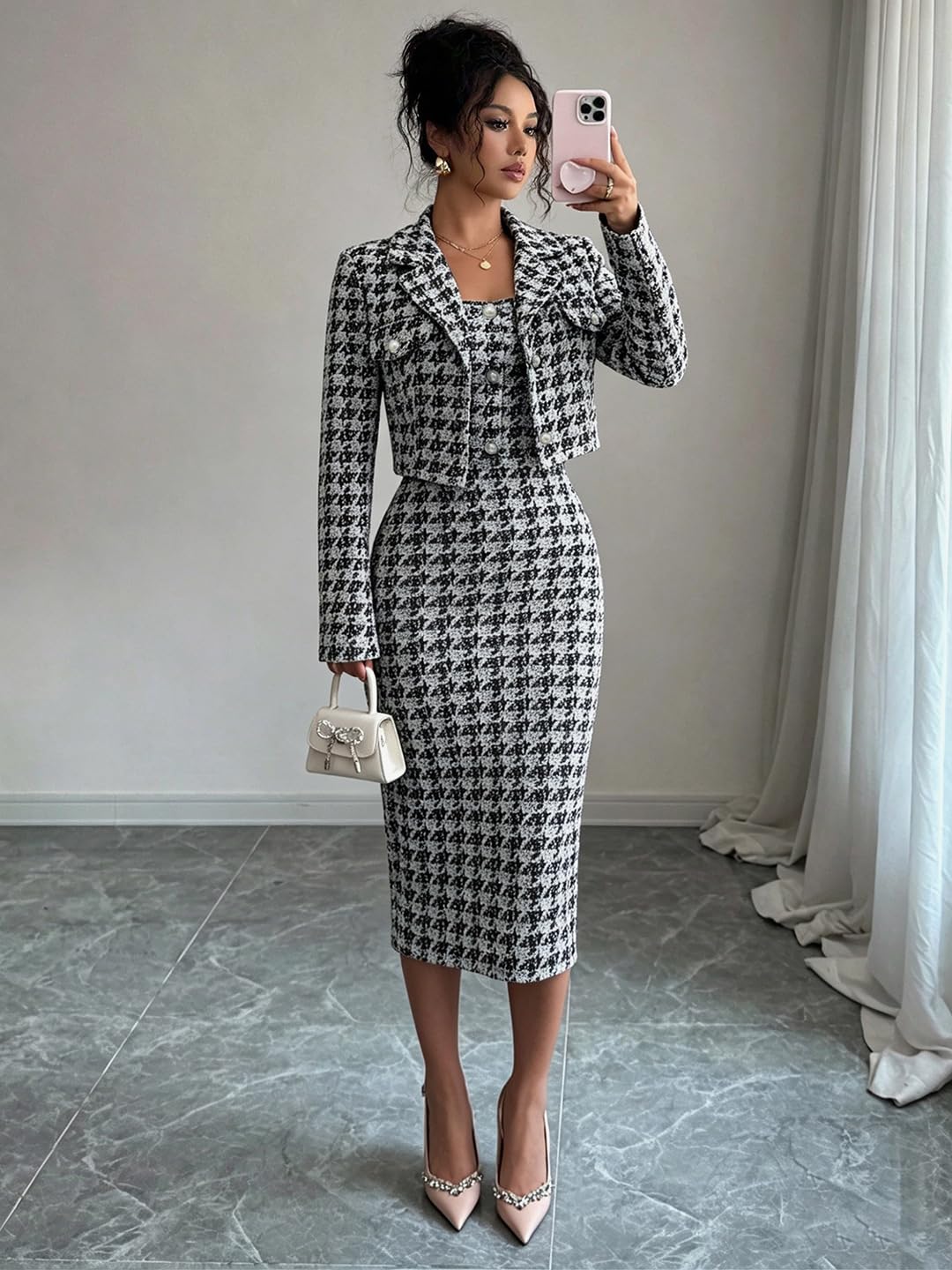 Zweiteiliges Tweed Outfit Für Damen Kurzer Blazer Und Figurbetontes Midikleid Elegantes Hahnentrittmuster Formelles Outfit Für Damen Ideal Für Hochzeiten Partys Und Büro