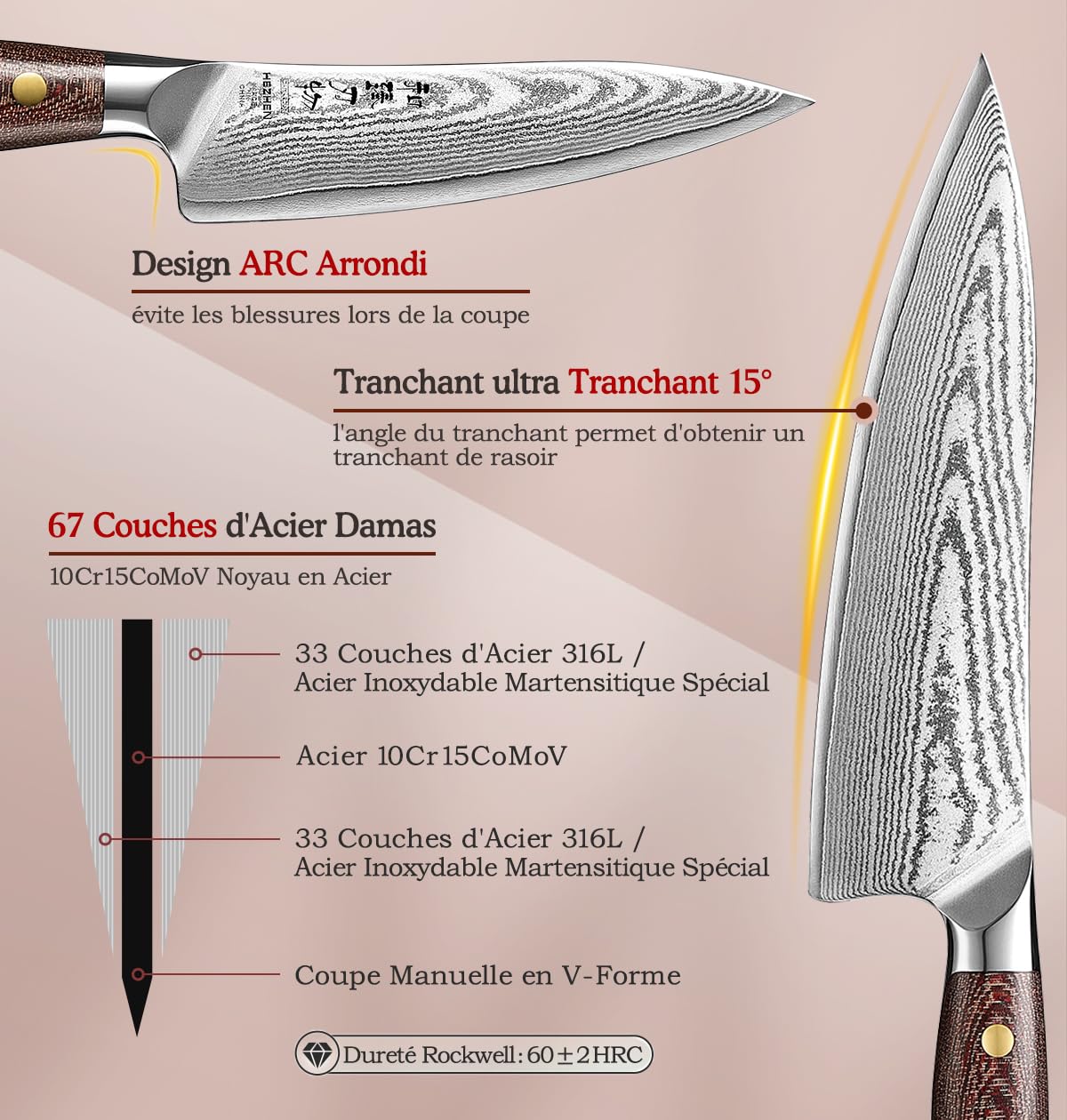 HEZHEN Damas Ensembles de Couteaux de Cuisine 5 Pièces，Set de Couteaux de Chef Professionnels en Acier Damas Couteau Santoku, Manche en Micarta