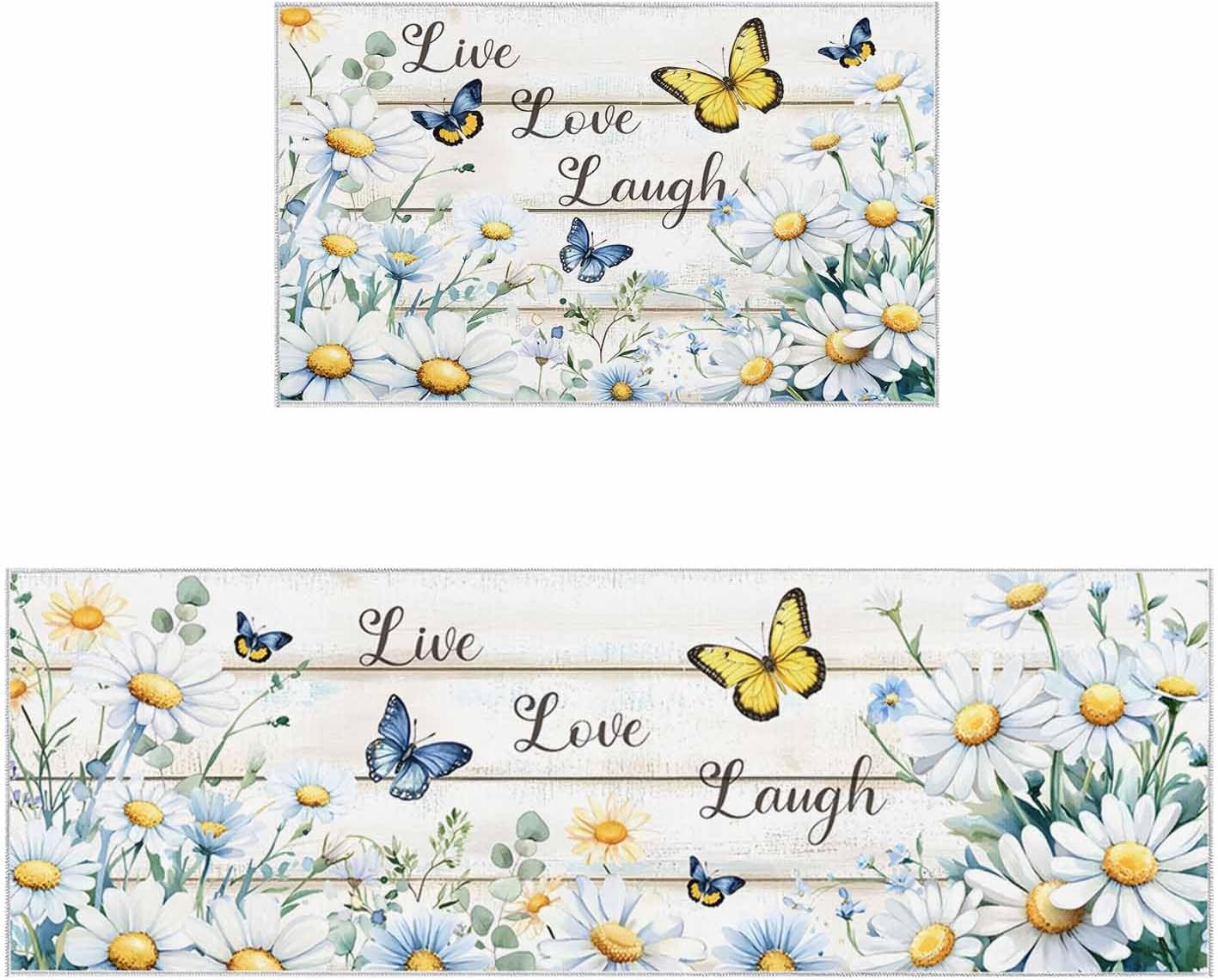 2 Pieces Kitchen Rugs and Mats,Farmhouse Daisy Butterfly Area Runner Rug Set Non Slip Floor Doormat Washable Carpet Standing Mat for Kitchen Sink Indoor Corridor,Summer Floral Plant Wood Grain