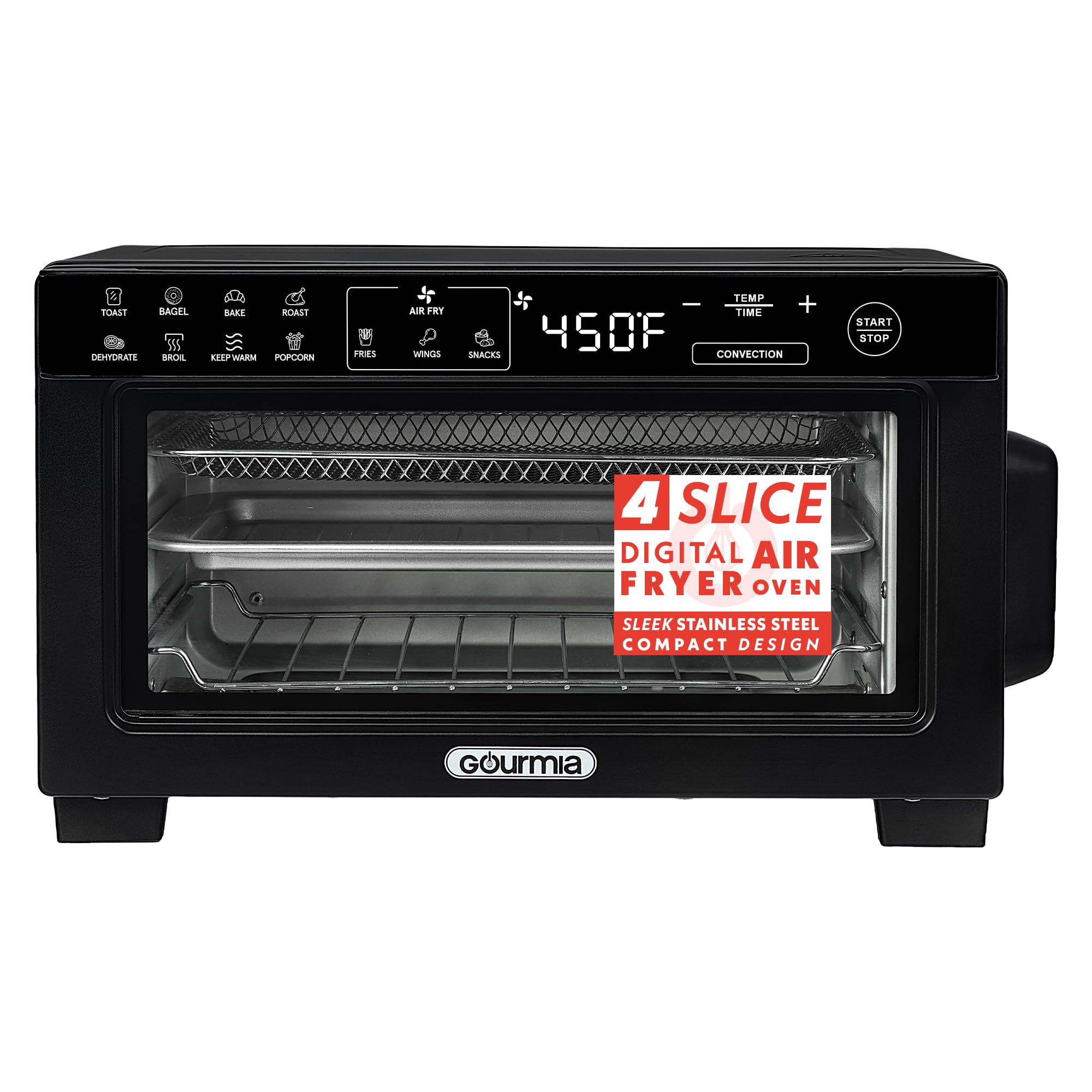 Gourmia Toaster Oven Digital Air Fryer - Convection Mode with 4 Slice Capacity 3 Rack Positions 12 Presets