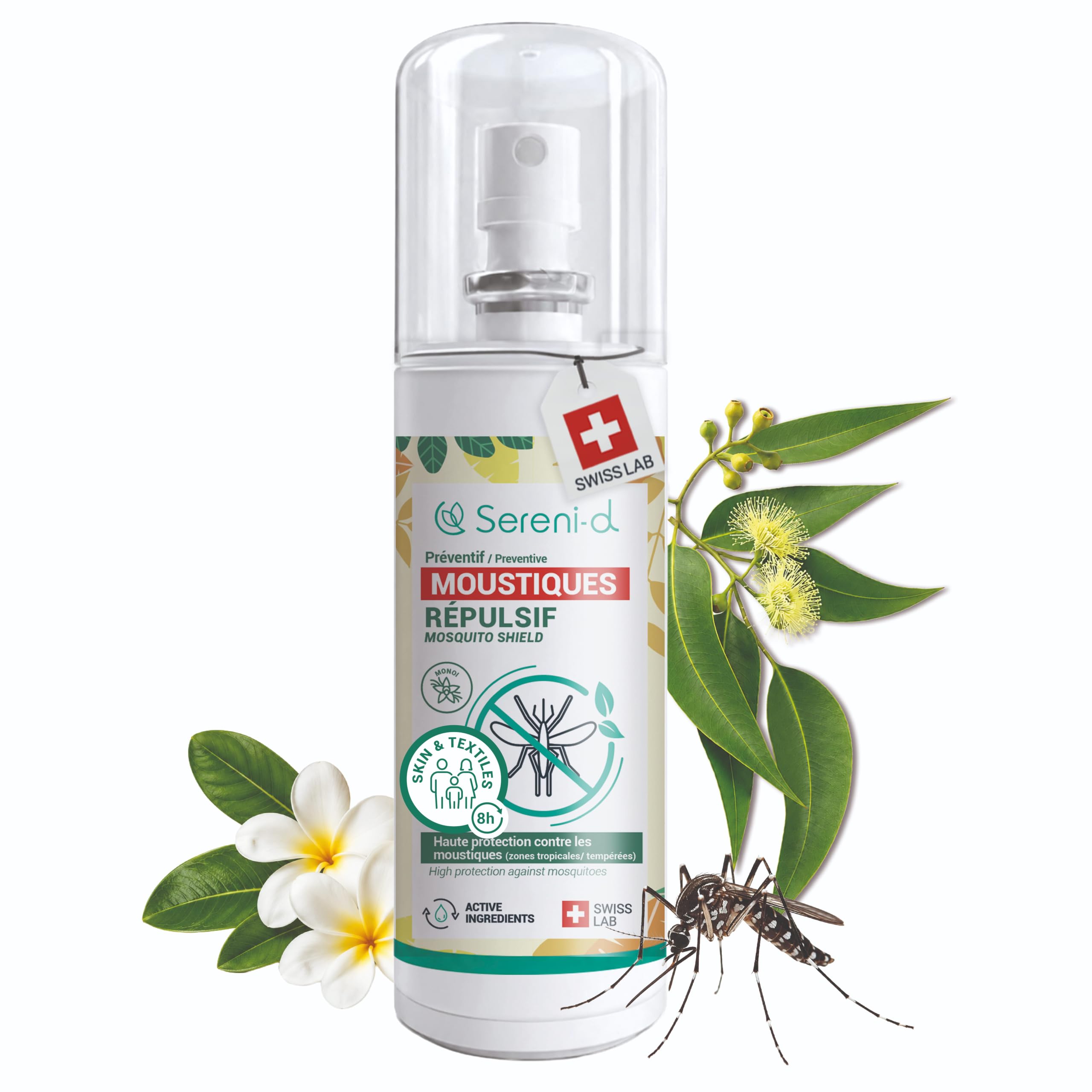 ANTI-MOUSTIQUES MONOÏ Spray Répulsif Corps & Vêtements 100mL – Eucalyptus Citronné – Jusqu'à 8h – Moustique Tigre – Dès 6 Mois – SANS DEET – Swiss Lab – Sereni-d®