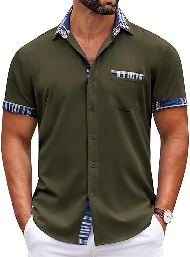 COOFANDY Camisas de manga corta con botones para hombre, casual, sin arrugas, camisa de vestir a cuadros, camisas de verano