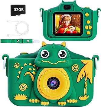 POSO Kids Camera, Childrens Toy Camera, Dinosaur Type-C Charging, 40 Megapixels, 1080P HD Video Camera, Digital Camera, 2.0-inch IPS Screen, 32GB Card Included, 8x Zoom, Selfie Function, Ages 3-10