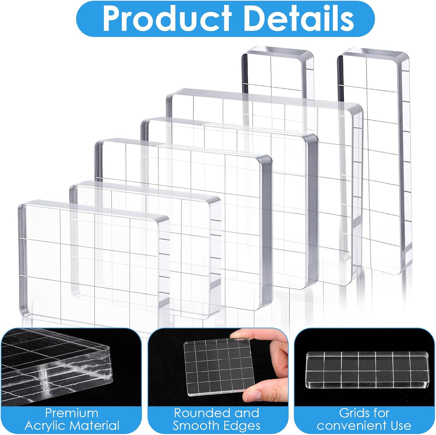 Yuanchu 7 Pcs Acrylic Stamp Block Set, Smll Clear Stamping Tools with Grid Lines Assorted Sizes for Scrapbooking, Card Making, DIY Crafts