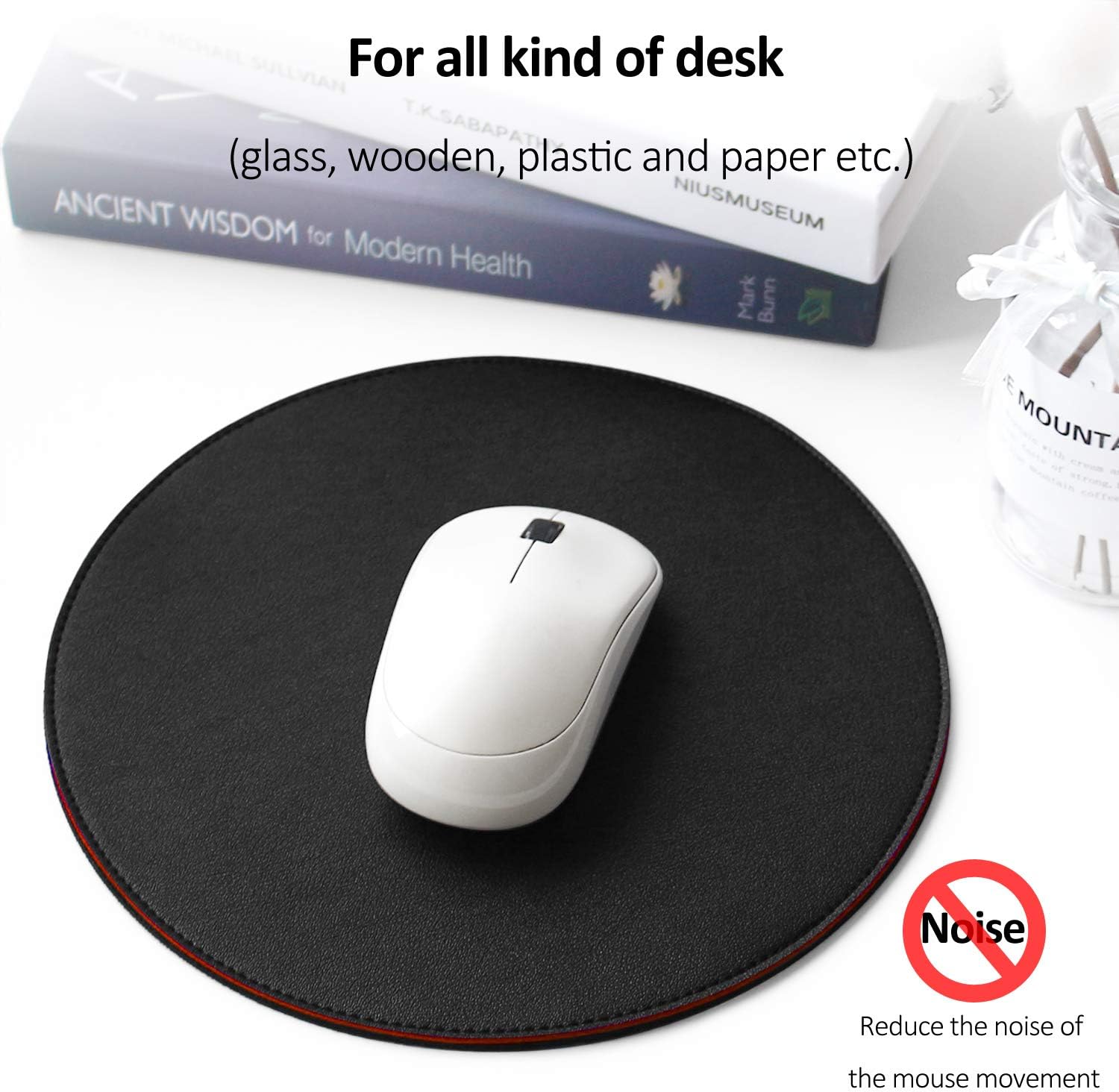 ProElife Premium Mouse Pad Mat 8.66 inch Small Cute Mousepad Waterproof PU Leather Round Mouse Pad with Stitched Edges Anti Slip Base for Home Office School Gaming Computer Laptop Accessories (Black)