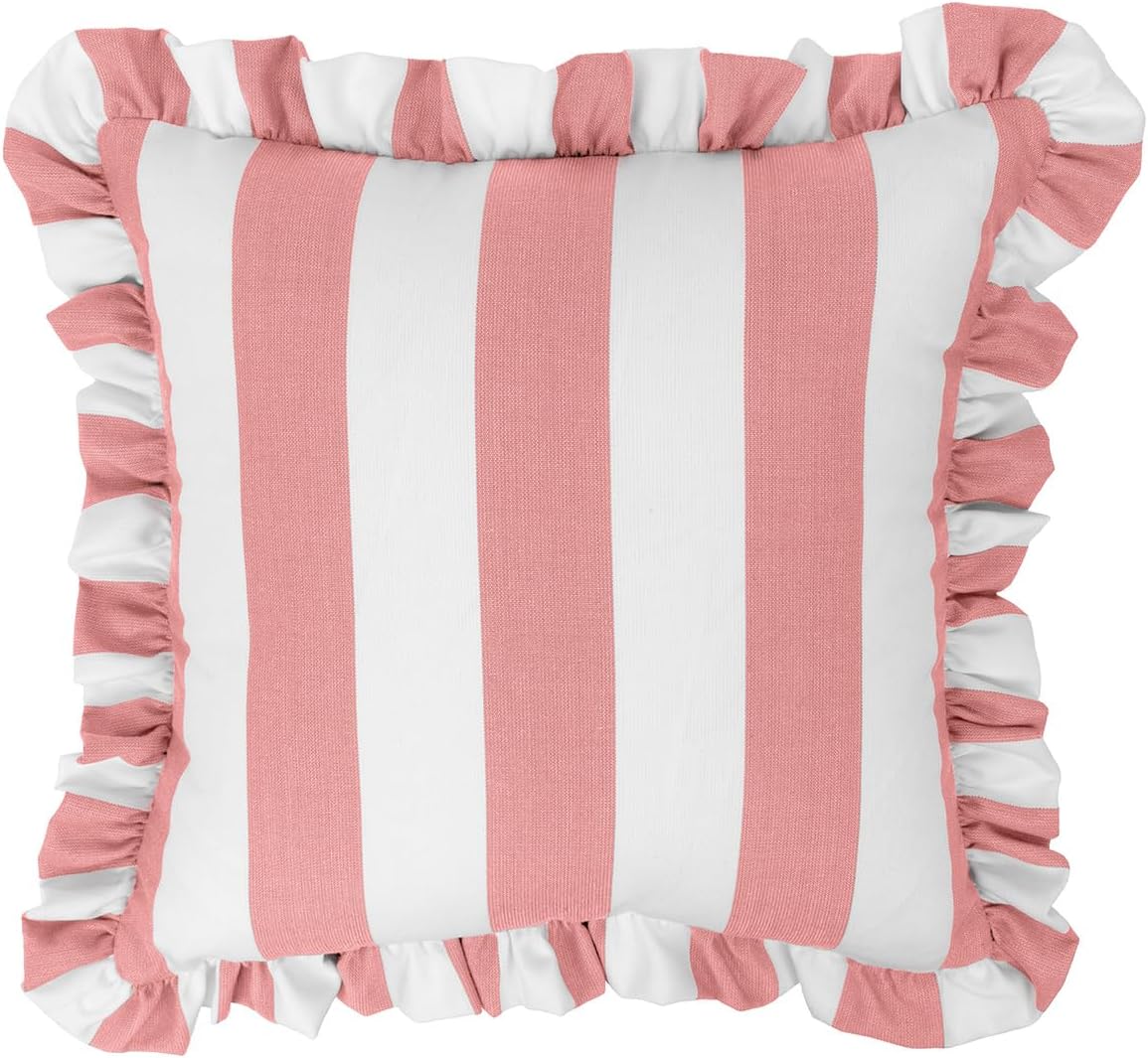 Sherry Kline Cabana Stripe Outdoor Throw Pillow Set of 2, 18x18 Inch Square Decorative Cushions with 2" Ruffle Trim, Reversible Indoor Patio Porch Pool Sofa Accent Pillows, Made in USA – Pink/White