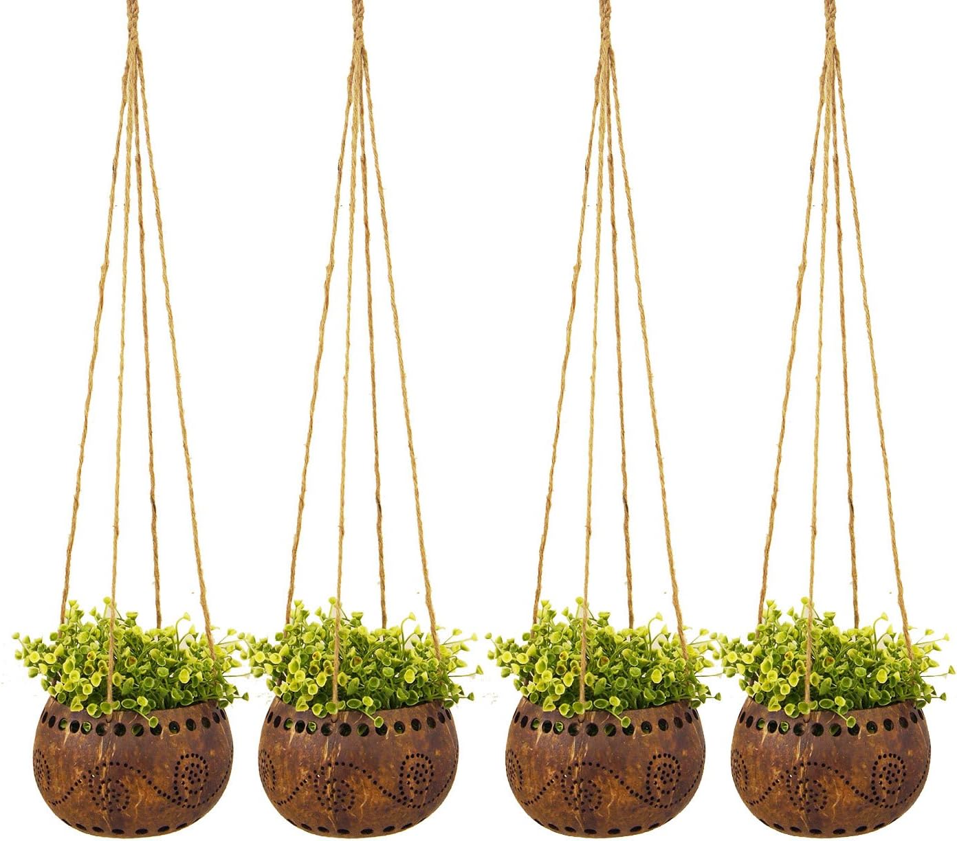 Exotic Elegance Set of 4 Garden Decorative 4" Coconut Shell Hanging Planter Pot (Size M).