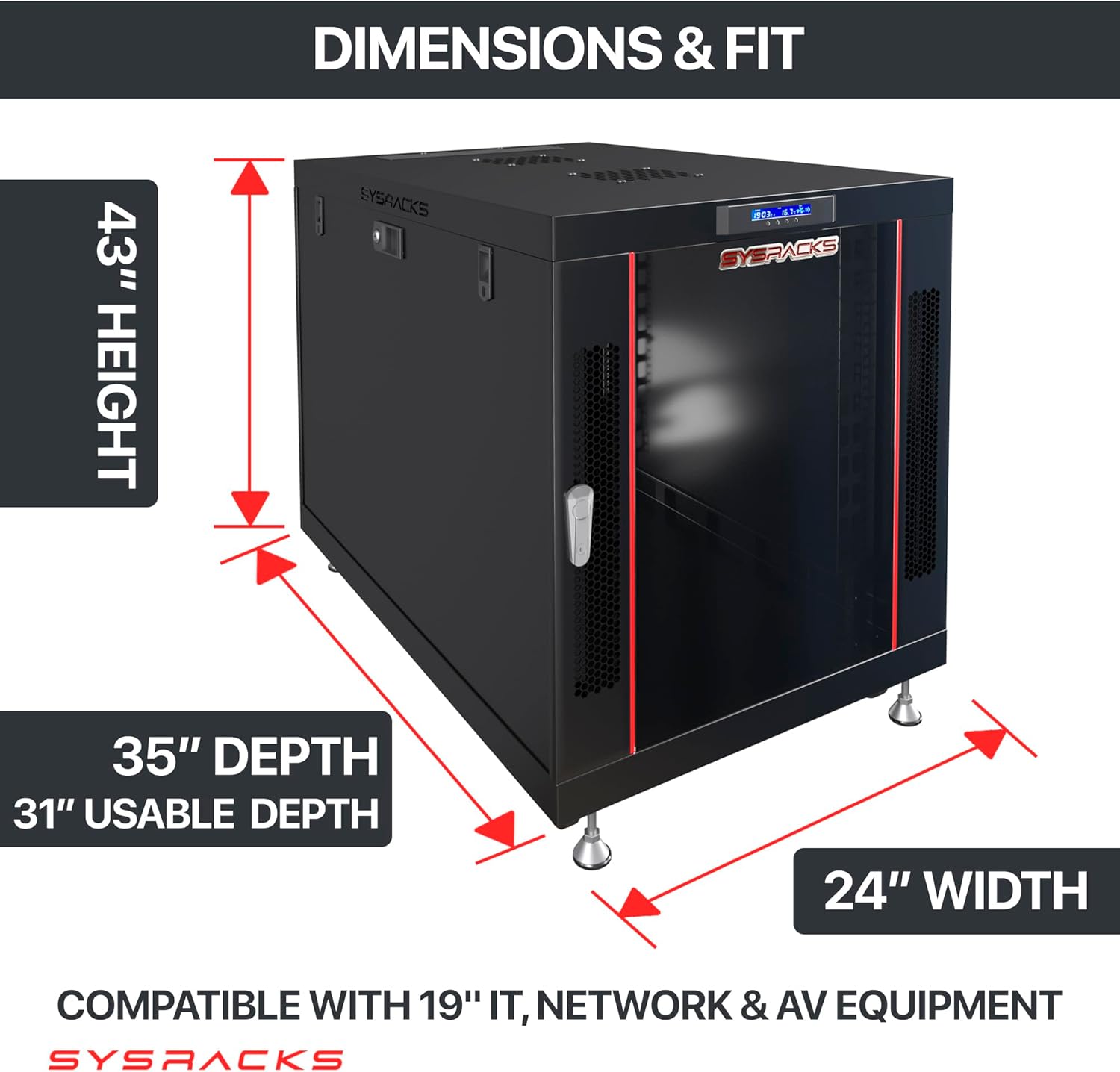 Sysracks 22U Premium Rack Mount Server 35" Depth Deep Network Cabinet, Server Rack with Fan, Removable Side Panels, Locking Glass Door Computer Cabinet Enclosure Network Rack Case PR 22.900