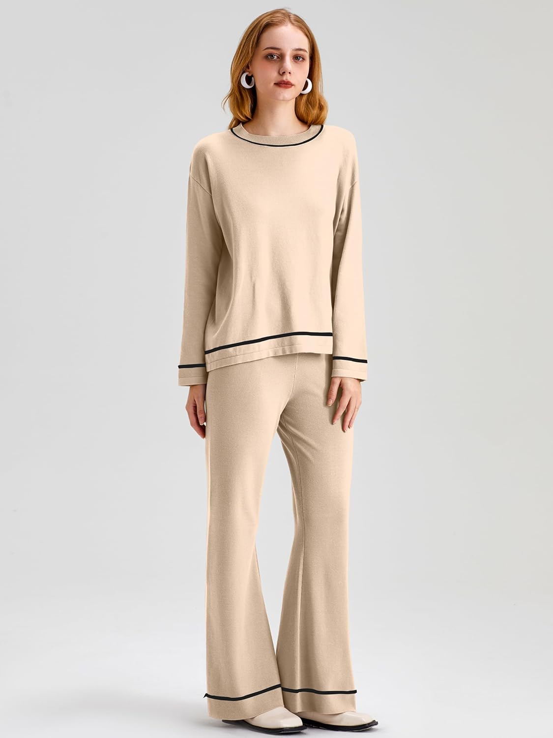 Vista 5 de I2CRAZY Conjunto de suéter para mujer, 2 piezas, manga larga, cuello redondo, cintura alta, pierna ancha, conjuntos de ropa de descanso