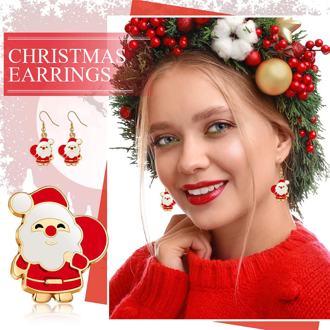 6 Paires Boucles d'Oreilles Pendantes de Goutte de Noël Stud de Noël Ensemble de Bijoux Boucles d'Oreilles de Cadeau de Noël pour Femmes Filles Enfants Bonhomme de Neige Flocon