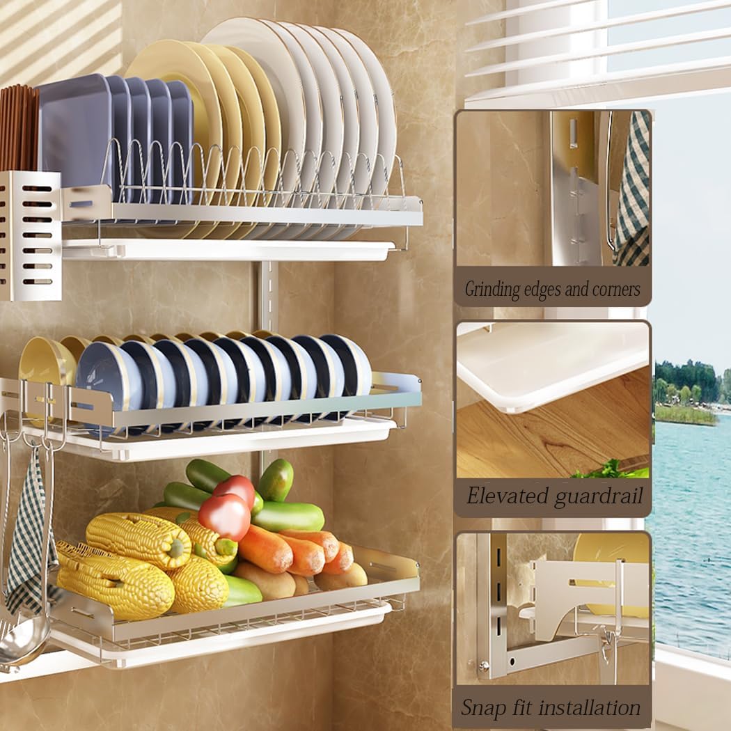 Dish Rack Wall Mounted,Hanging Dish Drying Rack,3 Tier Stainless Steel Dish Rack,Adjustable Length Drain Rack.with Drain Tray,Hooks（Silvery）
