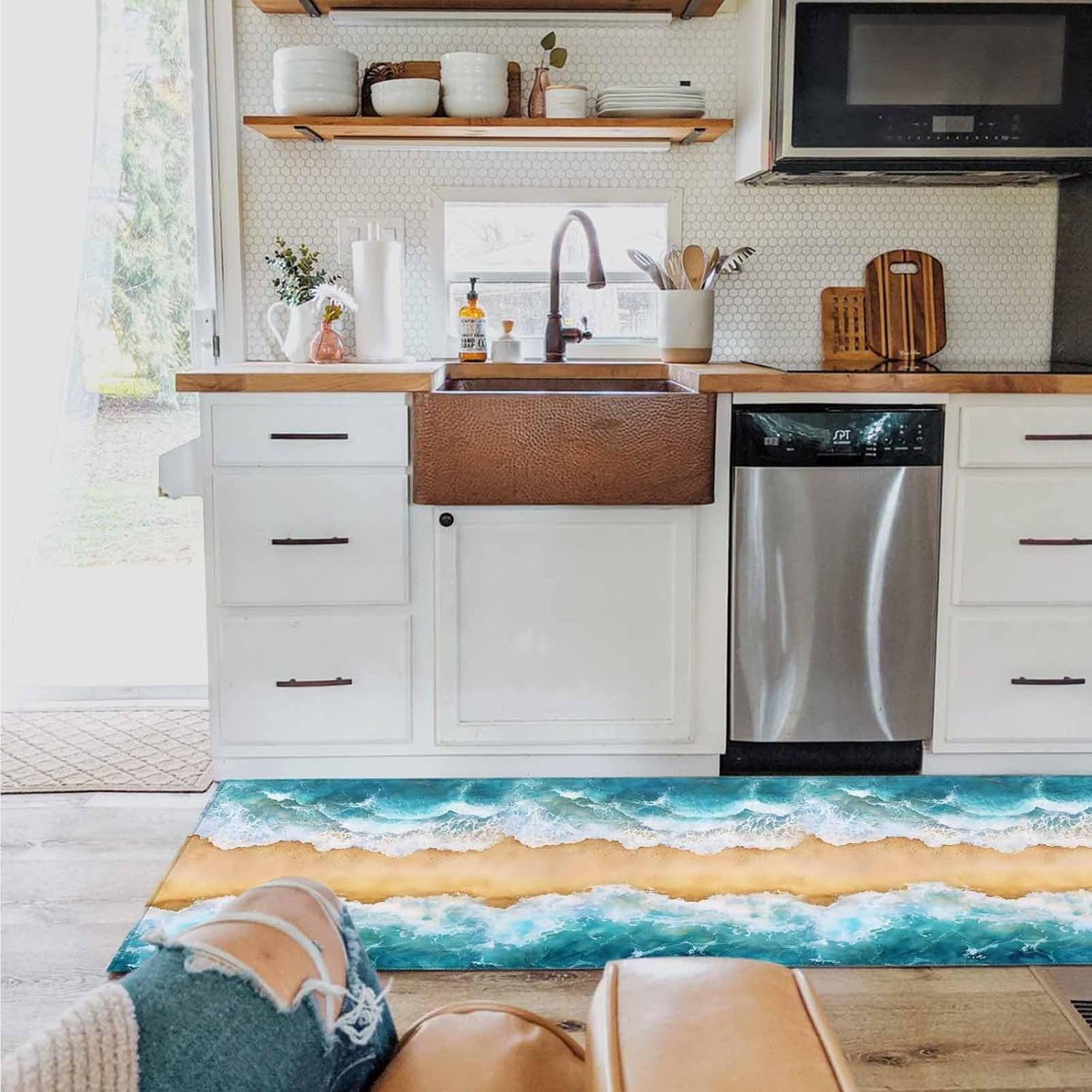 2 Pieces Kitchen Rugs and Mats,Nautical Ocean Sea Wave Area Runner Rug Set Non Slip Floor Doormat Washable Carpet Standing Mat for Kitchen Sink Indoor Corridor,Watercolor Summer Beach Theme