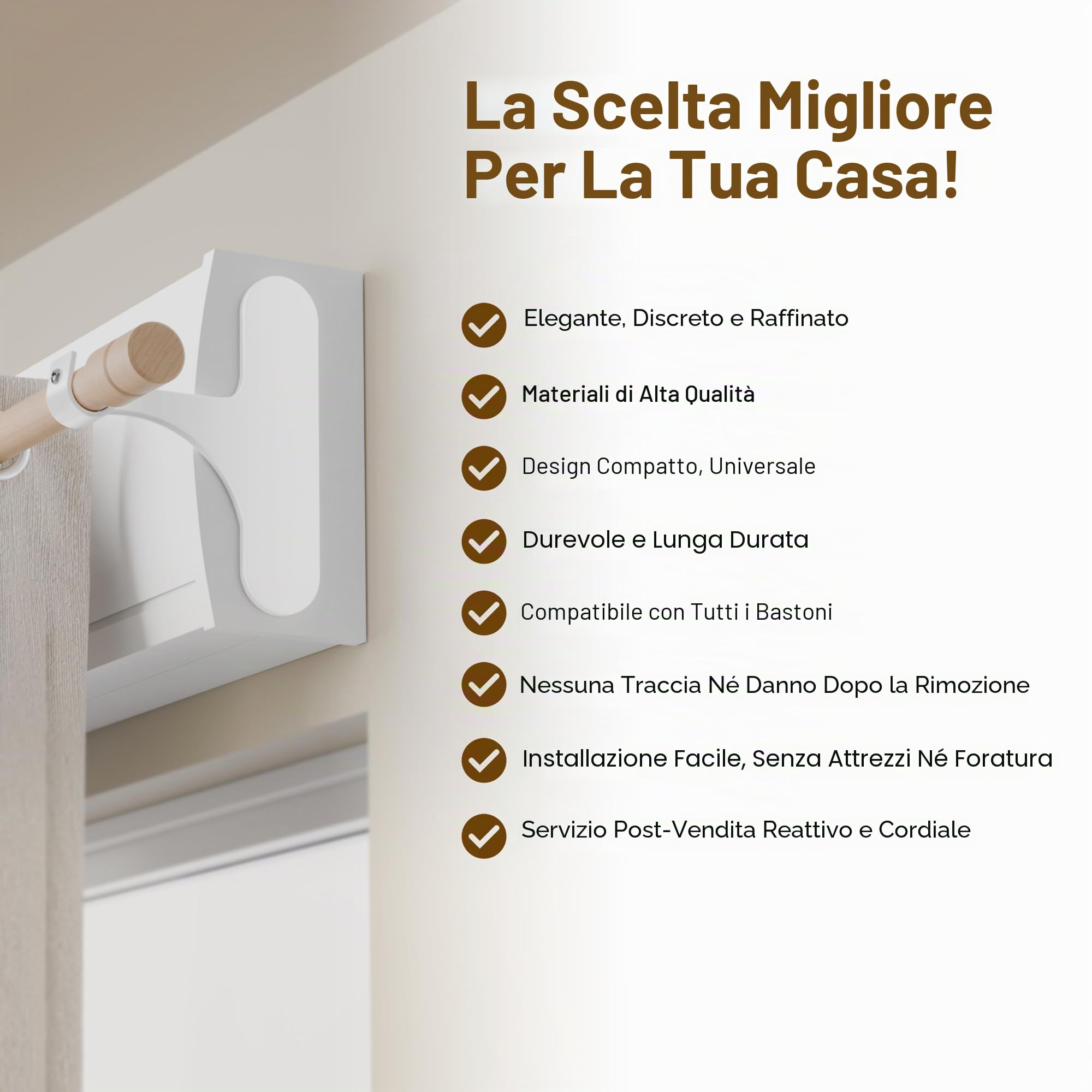 niffgaff Supporto per Bastone Tenda Senza Fori per Cassonetto Tapparella – Fissaggio Autoadesivo, Set da 2 per Bastoni 19–28 mm, Metallo Resistente, Installazione Rapida, Bianco