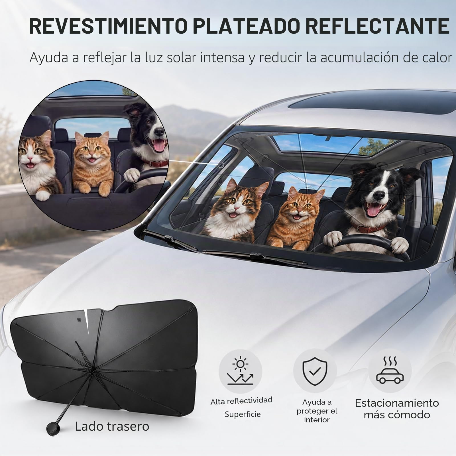Parasol Coche Delantero, 145 x 80cm para Sol Coche Delantero, Parasol Paraguas Coche, Eje Giratorio de 360°, Protección UV, para la Mayoría de Coches, SUV, Camiones