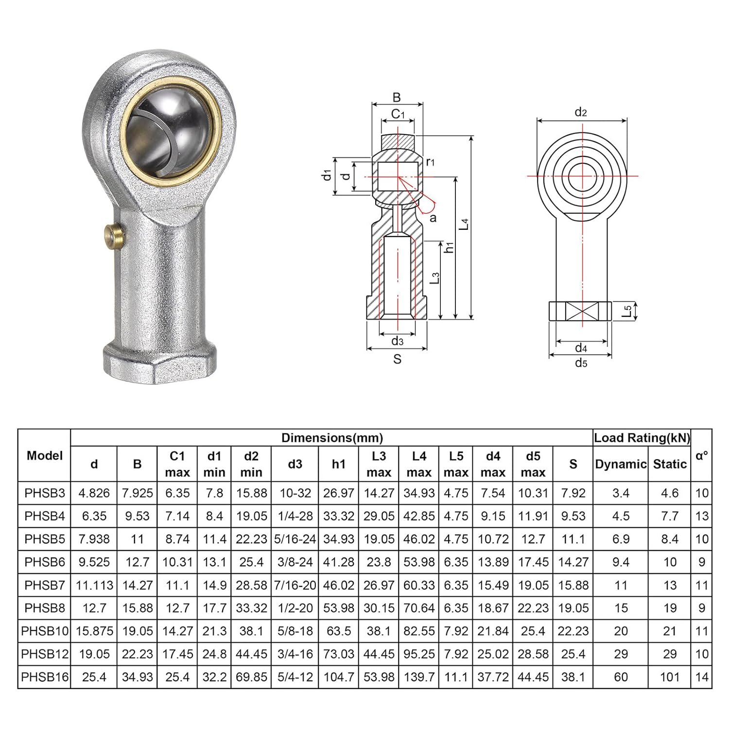 uxcell 4pcs PHSB7 Female Rod End Bearing 7/16 Inch Bore and 7/16-20 Right Hand Thread, Self-Lubricating Joint Rod Ends, Includes Jam Nuts