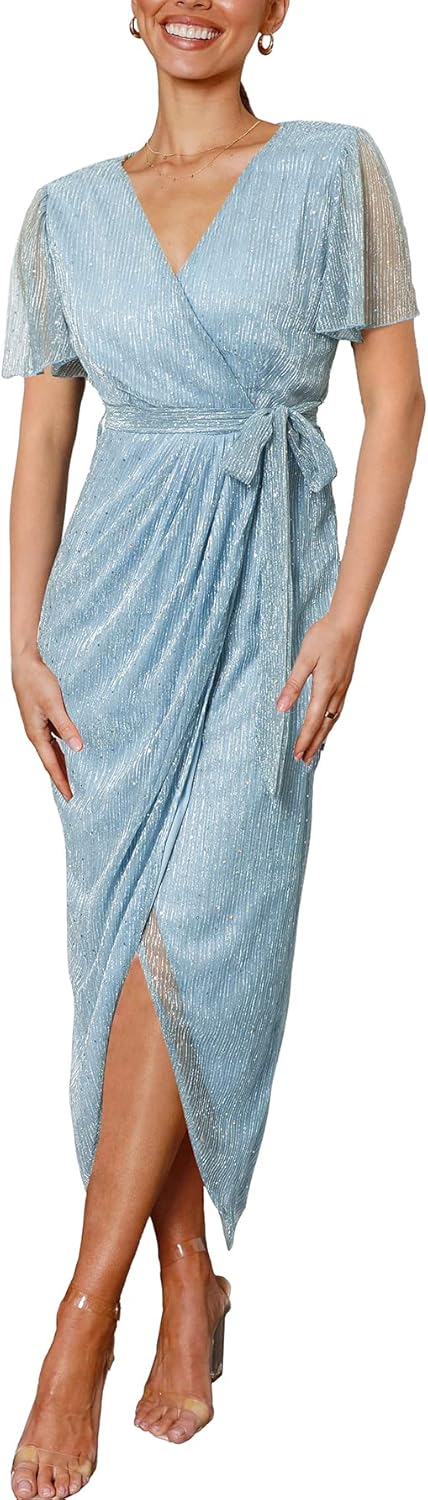 Simplee Women's V Neck Wrap Short Sleeve Cocktail Dress Sparkly Glitter Sexy High Low Midi Bodycon Dress