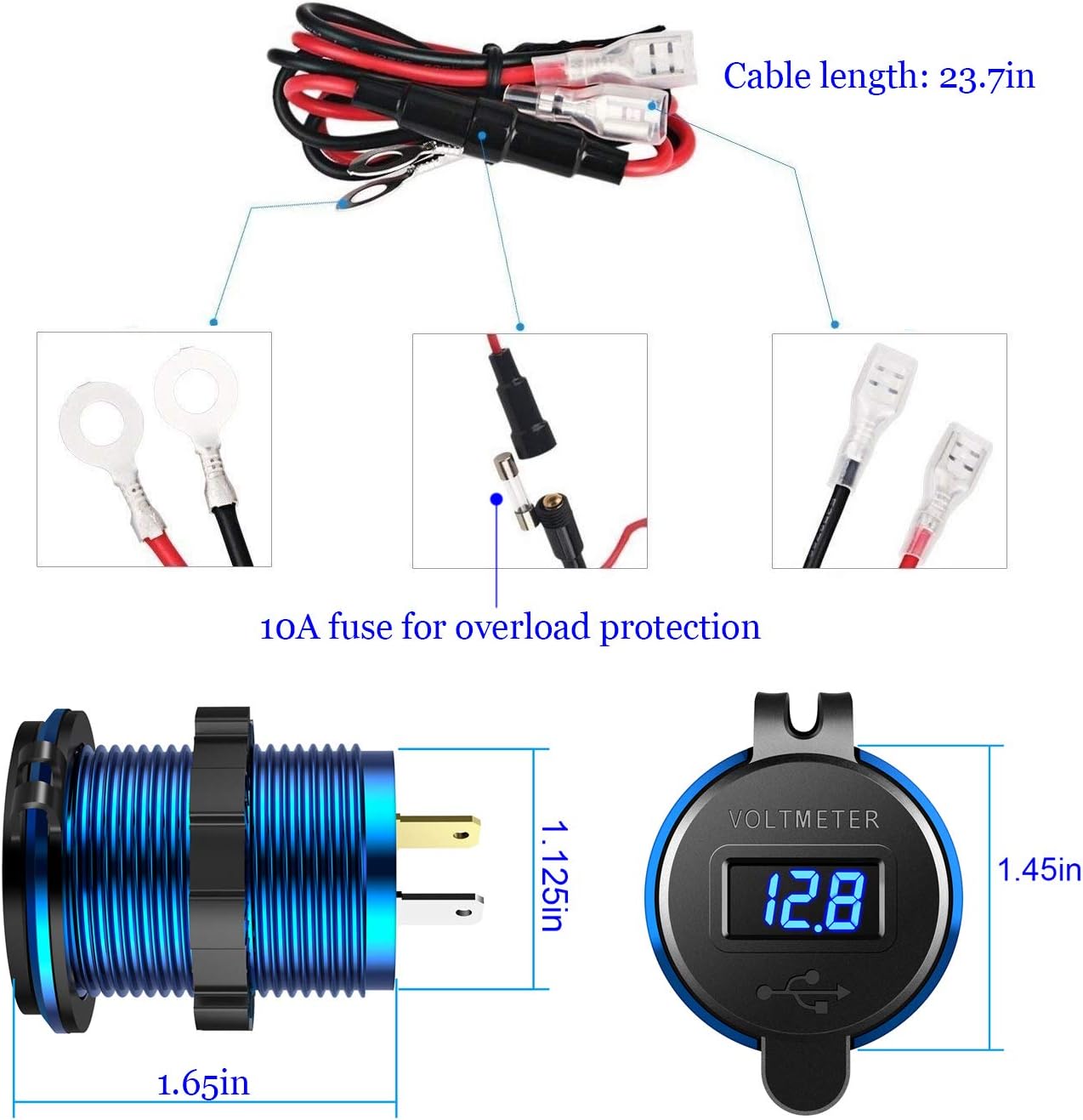 YONHAN 12V USB Outlet Quick Charge 3.0 Dual USB Charger Socket, USB Cigarette Lighter Socket with LED Voltmeter, Waterproof Aluminum Car Charger Adapter DIY Kit for Car Marine Truck Golf Cart RV, etc.