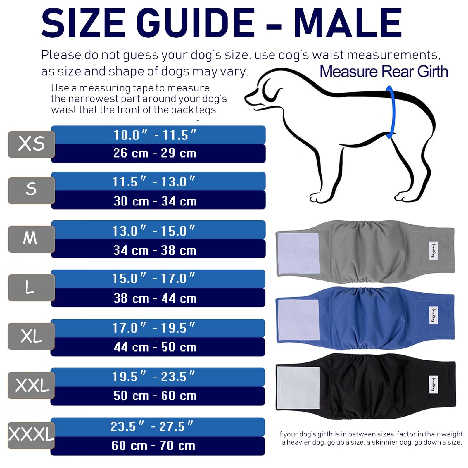 LeerKing Couches pour Chiens Male Lavable Lot de 3 Bandeau Ventrale Réutilisables Très Absorbantes pour Chiens Anti-Pipi Incontinent de Petite Moyenne et Grande Taille L