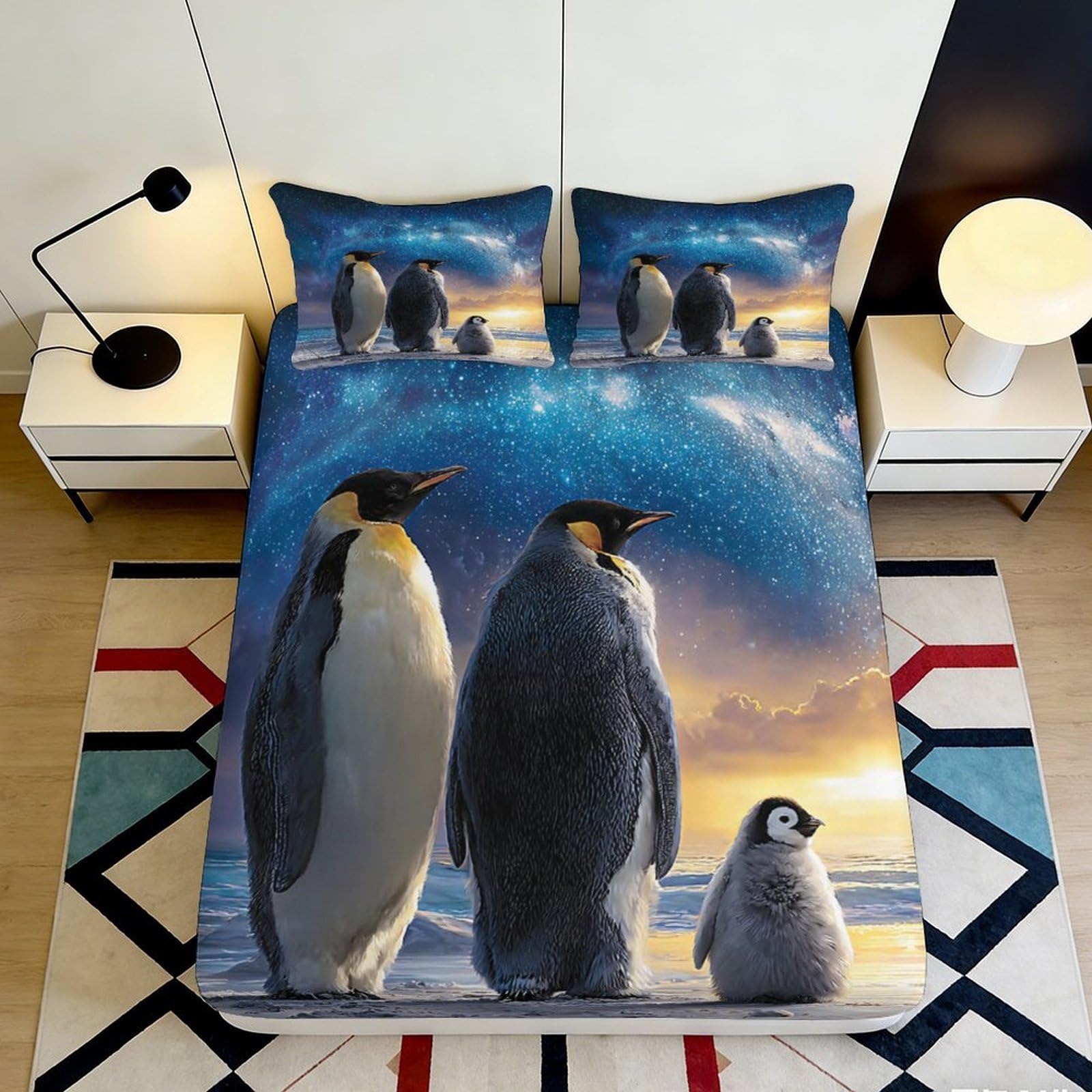 Tjiqhvmrn Style-8 3D Printed Penguin Family Fitted Sheet Microfiber Deep Pocket Non-Slip Penguin Mattress Fitted Cover Full Wrap Washable For Bedroom Bedding Adults Teens 90X200x25cm