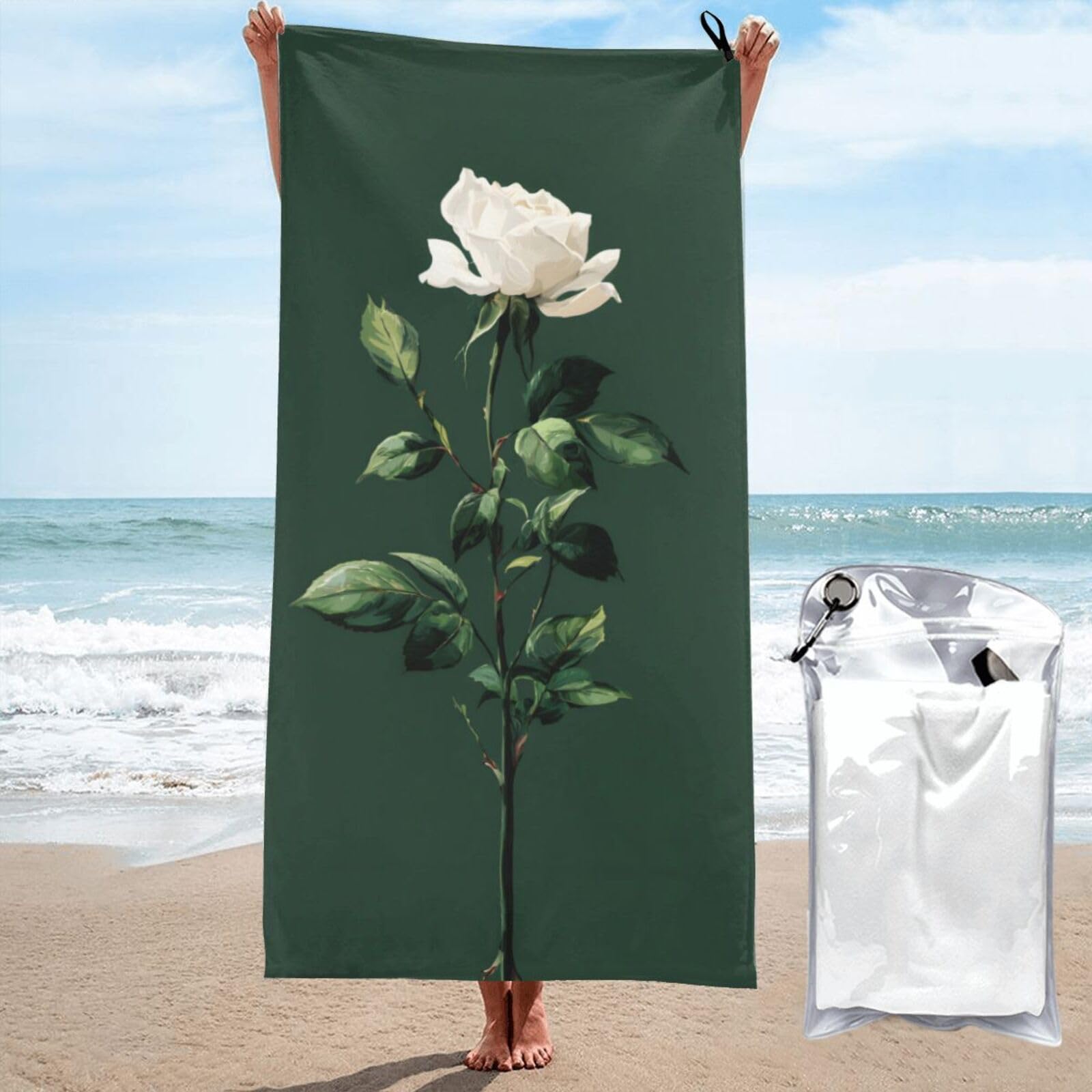 ESNAIUVCD Minimalist White Rose Print Beach Towel, Microfibre Sauna Towel, Quick-Drying Fitness Towel, Lightweight And Thin Portable Sauna Towel