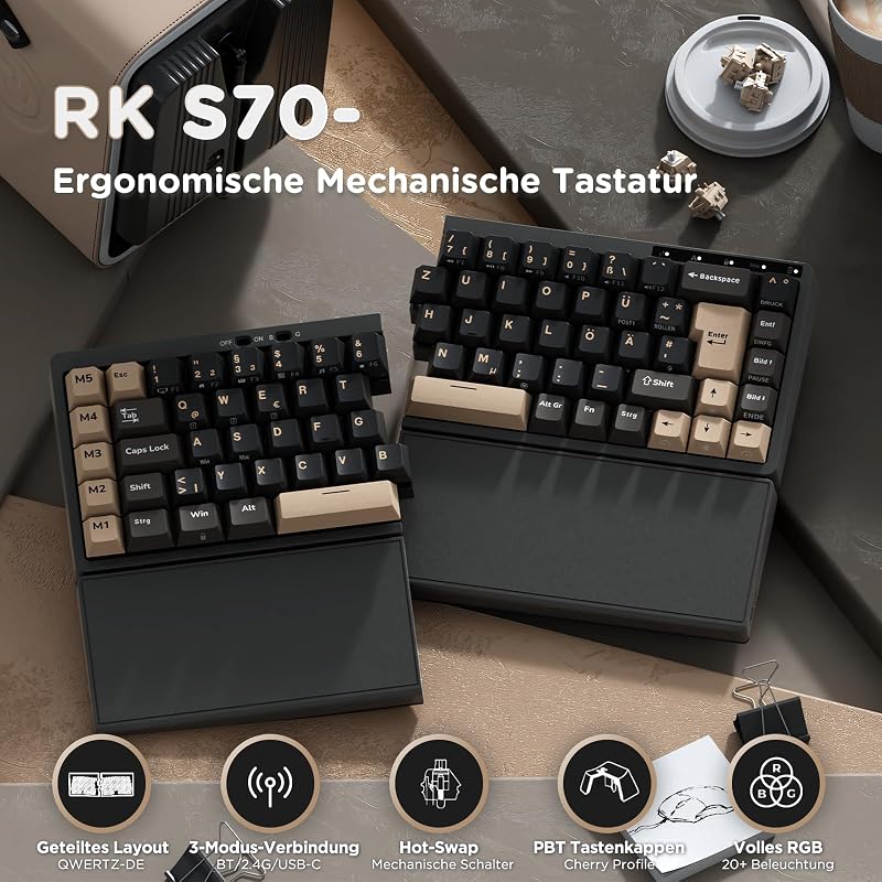 RK ROYAL KLUDGE S70 Wireless Mechanikus Gamer Billentyűzet Split Ergonomikus QWERTZ RGB