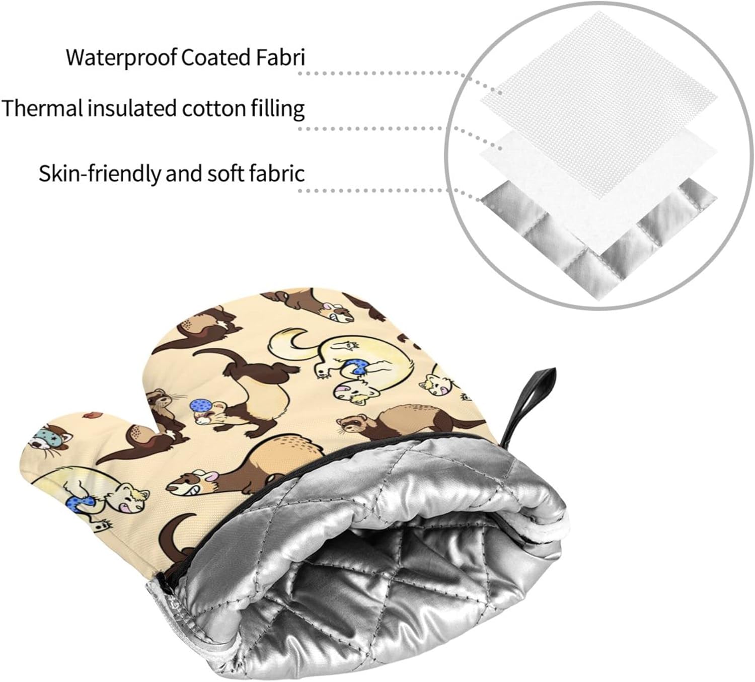 Ferret Oven Mitts and Pot Holders Sets for Gift Set Kitchen Heat Resistant Waterproof Durable for BBQ Cooking Baking