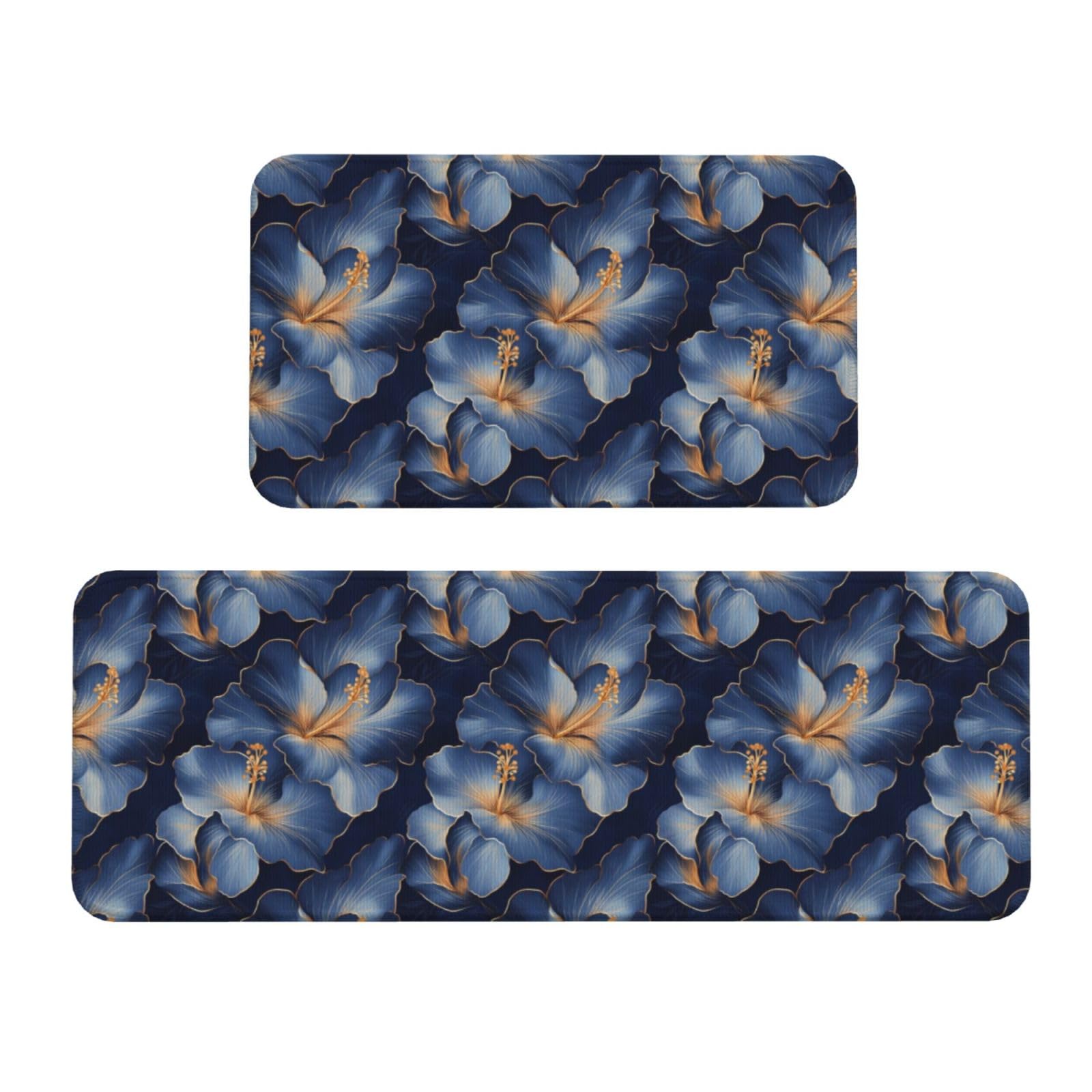 GVYGVY Antifatigue Kitchen Mats for Floor 2 Piece - Navy Floral Print Kitchen Rugs Washable, Non Slip Runner Rug Standing Mat for Office/Bathroom/Laundry/Home Decor and Accessories