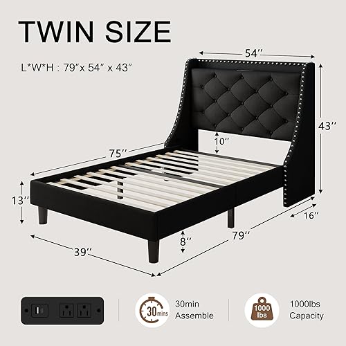 Miniatura 83 de Base de cama tamaño Queen con cabecero de almacenamiento capitoné con botones en la parte trasera y puertos tipo CA, plataforma tapizada, soporte de