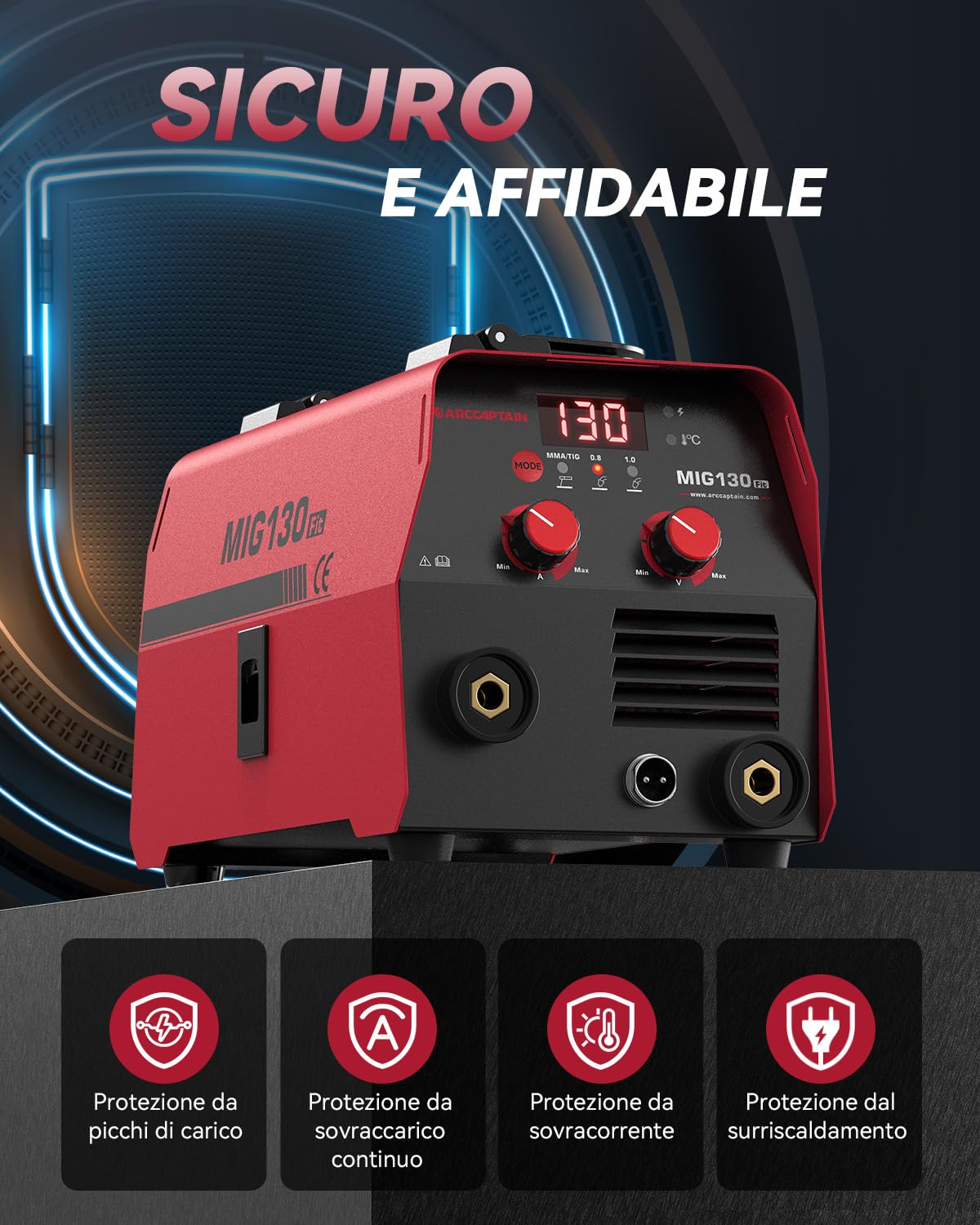 Saldatrice ARCCAPTAIN MIG 130A, 3 in 1 230V, MIG/FLUX Core/Lift TIG/Elettrodo, Saldatrice Portatile Inverter IGBT con Controllo Sinergico e Filo Animato da 0,45KG