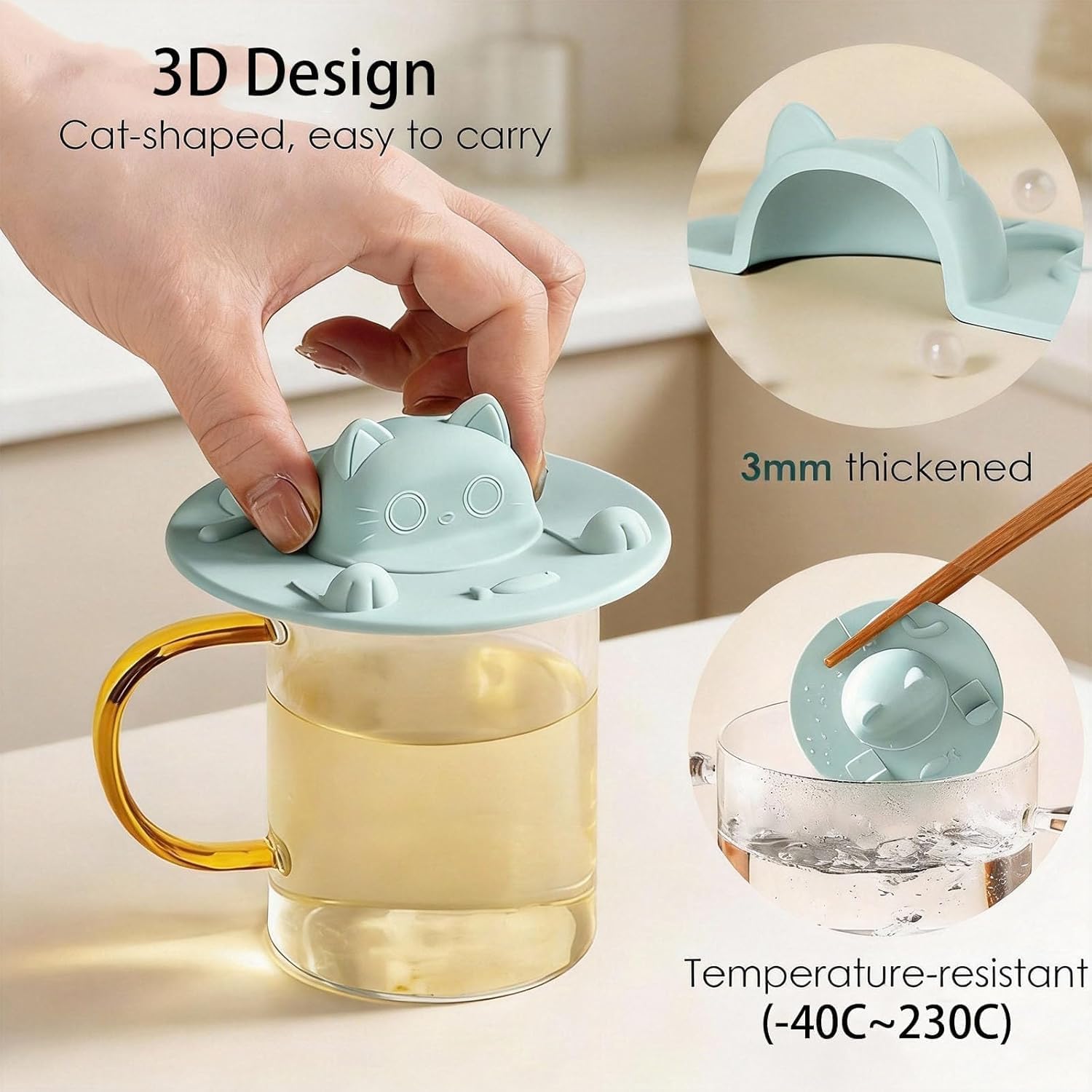 Silikon-Teebeutelhalter für Tasse, Katzen-Design, Teebeutelhalter, Deckel und Presse, wärmespeichernd, Deckel für Kaffee, Milch, Tee (4, Grün)