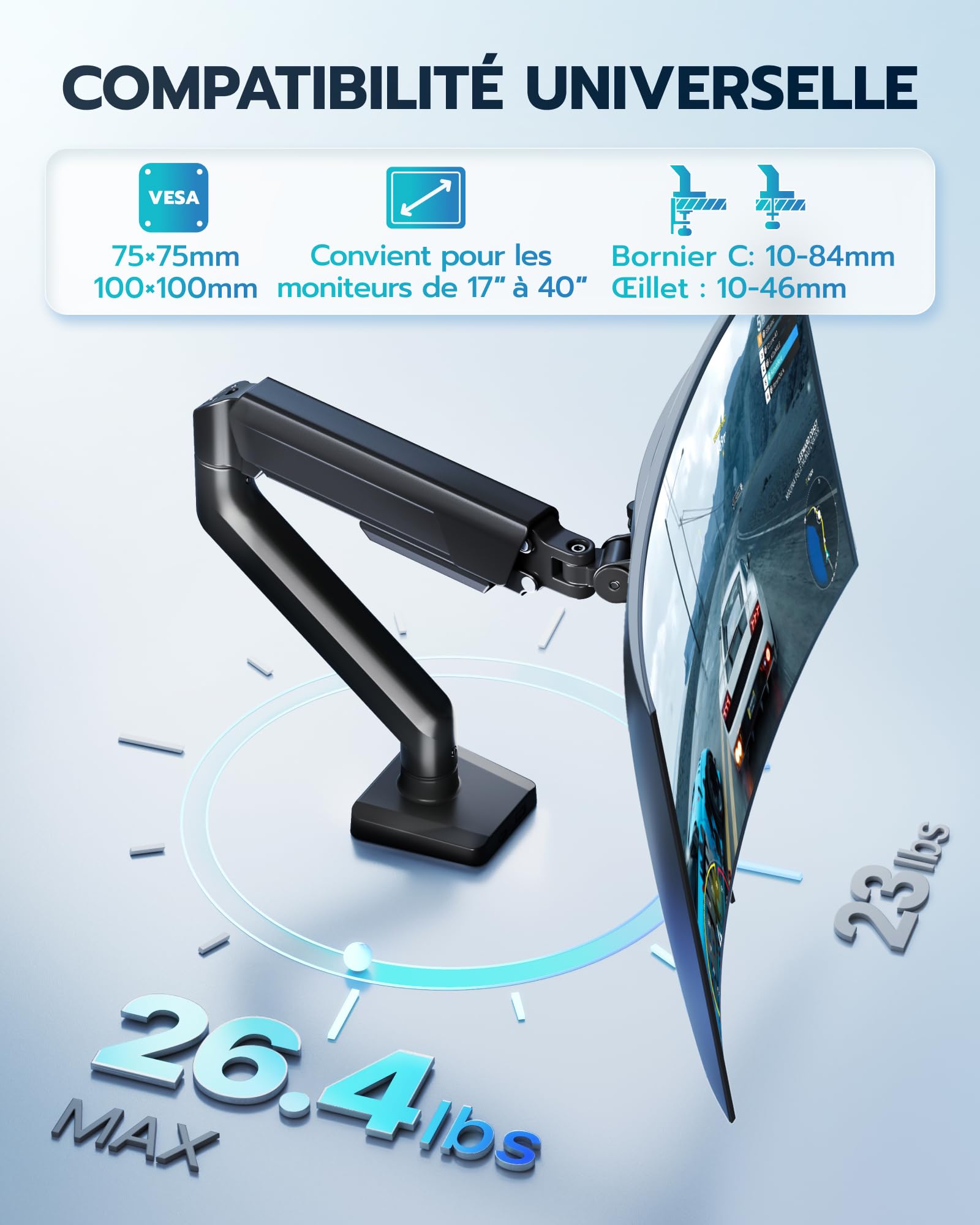 ARES WING Support de Moniteur pour écran Plat incurvé de 17" à 40" | Hauteur réglable, Charge maximale 12 kg, Support VESA 75/100 mm, Support de bureau