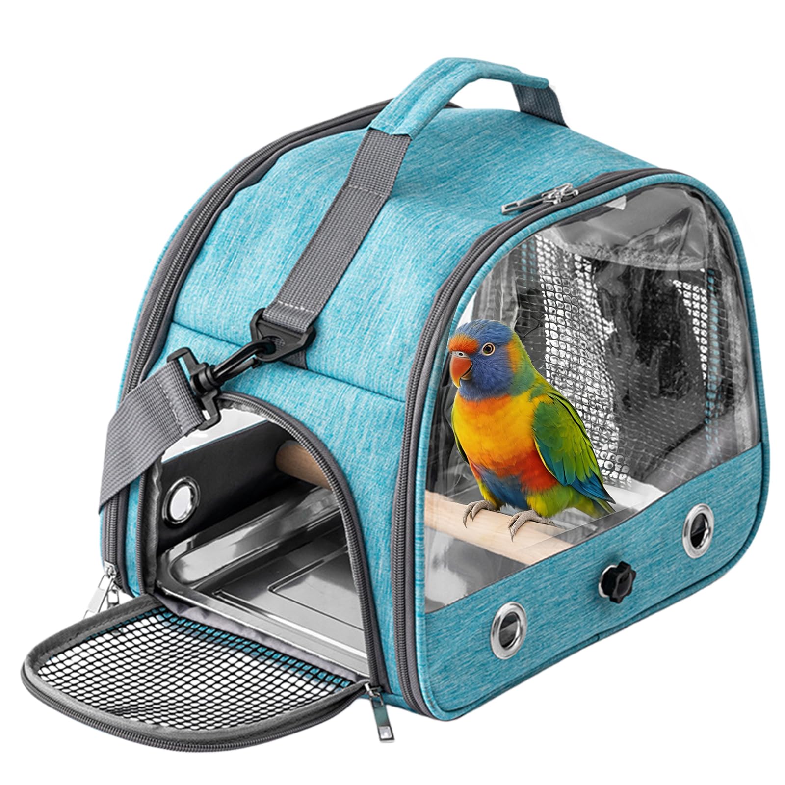 Sac de transport pour oiseaux, avec plateau en acier inoxydable et perche, cage à oiseaux, portable, sac de voyage pour perruches, perruches, petits animaux, bleu